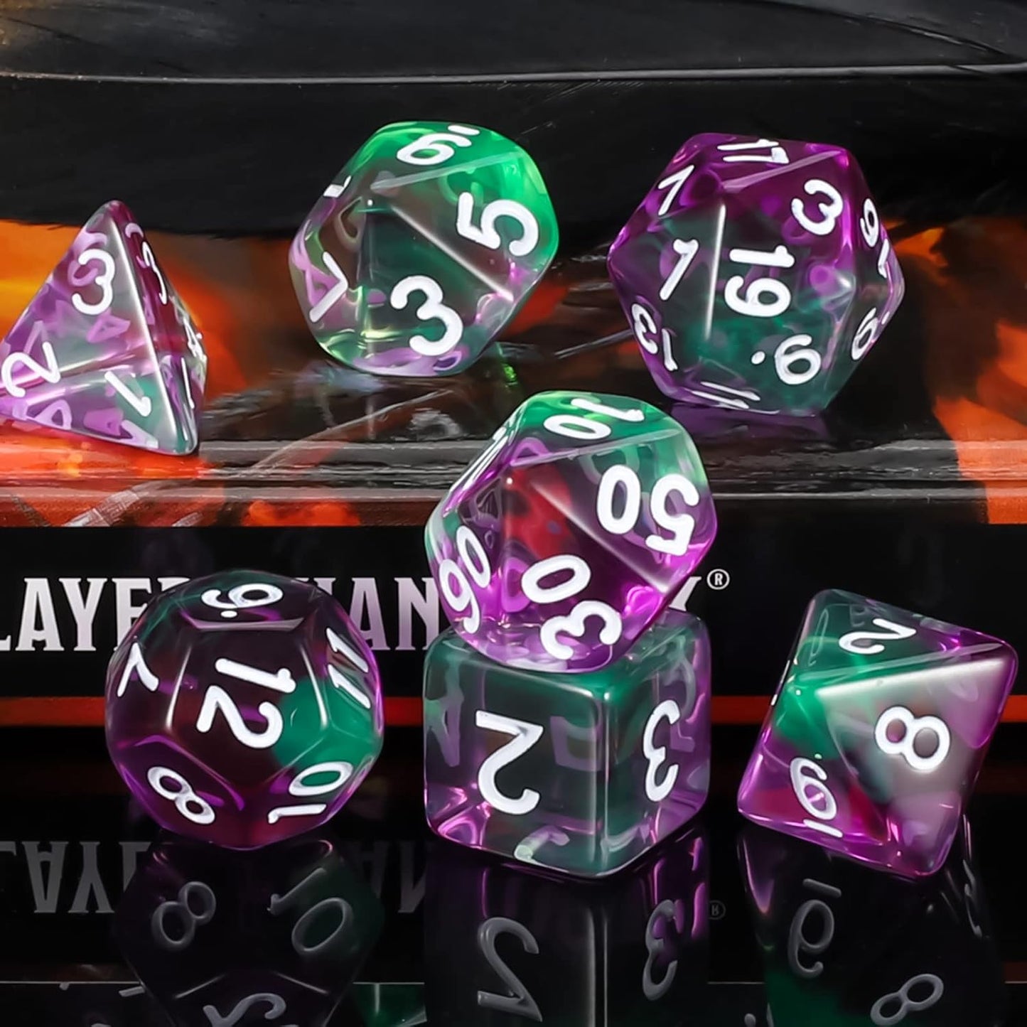 QMAY DND Dice Set -D&D Polyhedral Dice (7 Pcs) for Dungeons and Dragons (Purple Green Transparent)