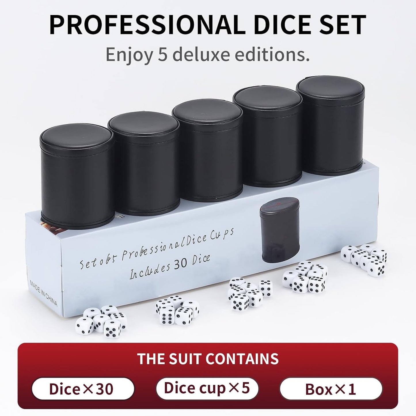 5 Pack PU Leather Dice Cup Set with 6 Dot Dices Felt Lined Quiet Shaker for Yahtzee Bar Party Family Dice Games,Red/Black