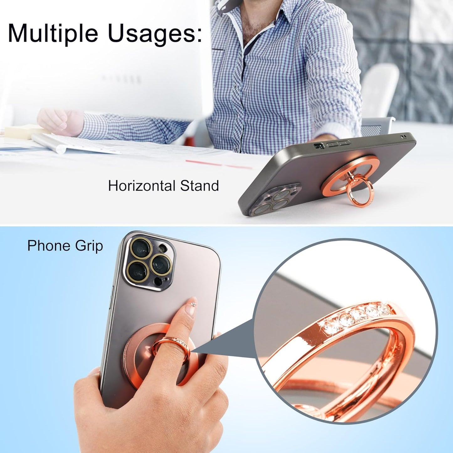 Magnetic Phone Grip for MagSafe, EI Sonador Magnet Phone Ring Holder, Removable, Compatible with iPhone 14 Plus 13 12 Pro Max Mini (Transparent Rose Gold Diamond)