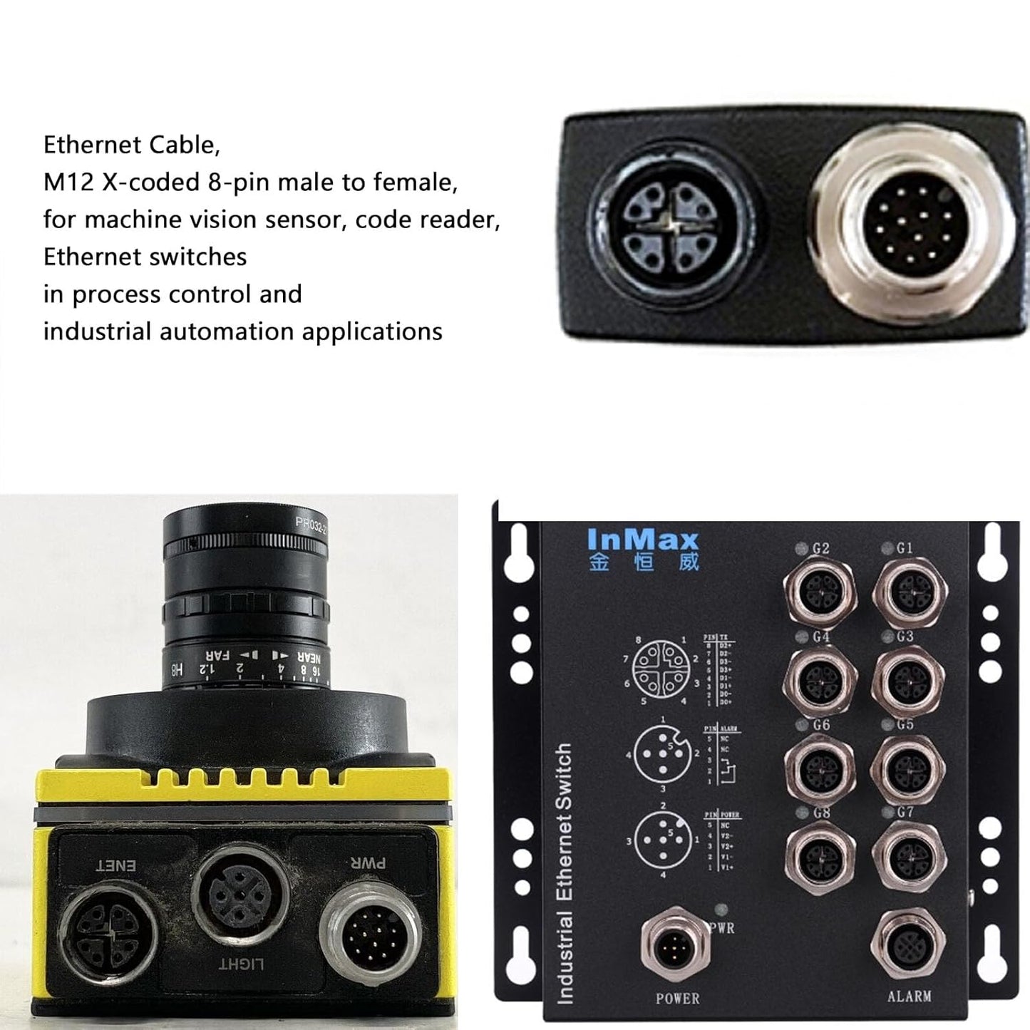 M12 Ethernet 8 Pin X-Code RJ45 CAT-7e GigE Cable for Basler Cognex Vision Camera Sensor Barcode Reader PLC Router Switch Network 1M