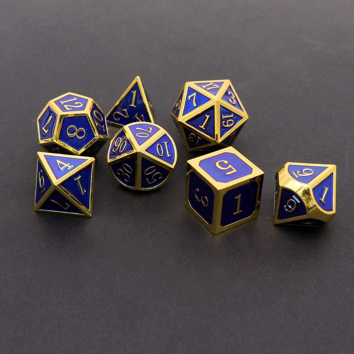 Haxtec Metal DND Dice Set 7 Die Gold Blue Metal D&D Dice Compatible with Dungeons and Dragons Games-Glossy Enamel Dice (Gold Blue)