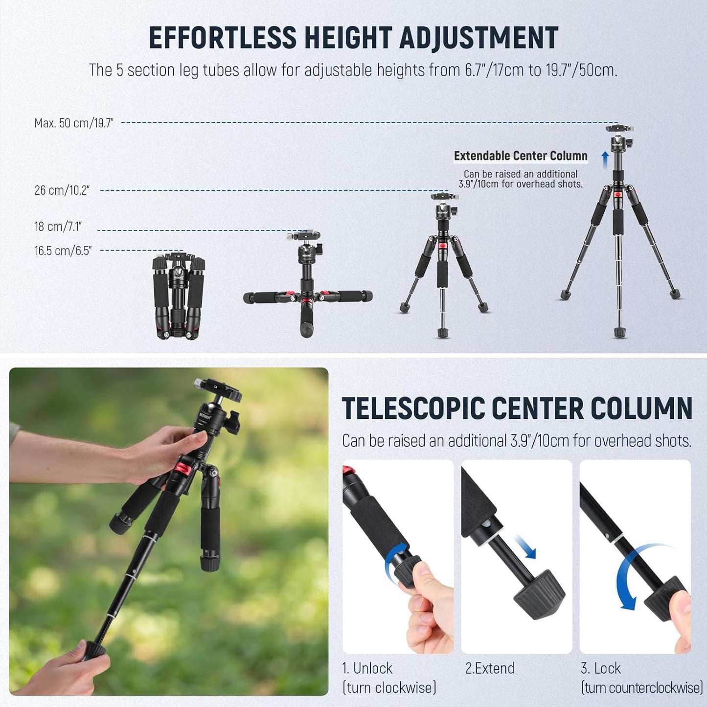 NEEWER Portable Desktop Mini Tripod Aluminum Alloy 20''/ 50cm Desk Tripod with 360 Degree Ball Head, 1/4 inch Quick Shoe Plate for DSLR Camera Video Camcorder, Load up to 11 pounds/5 kilograms