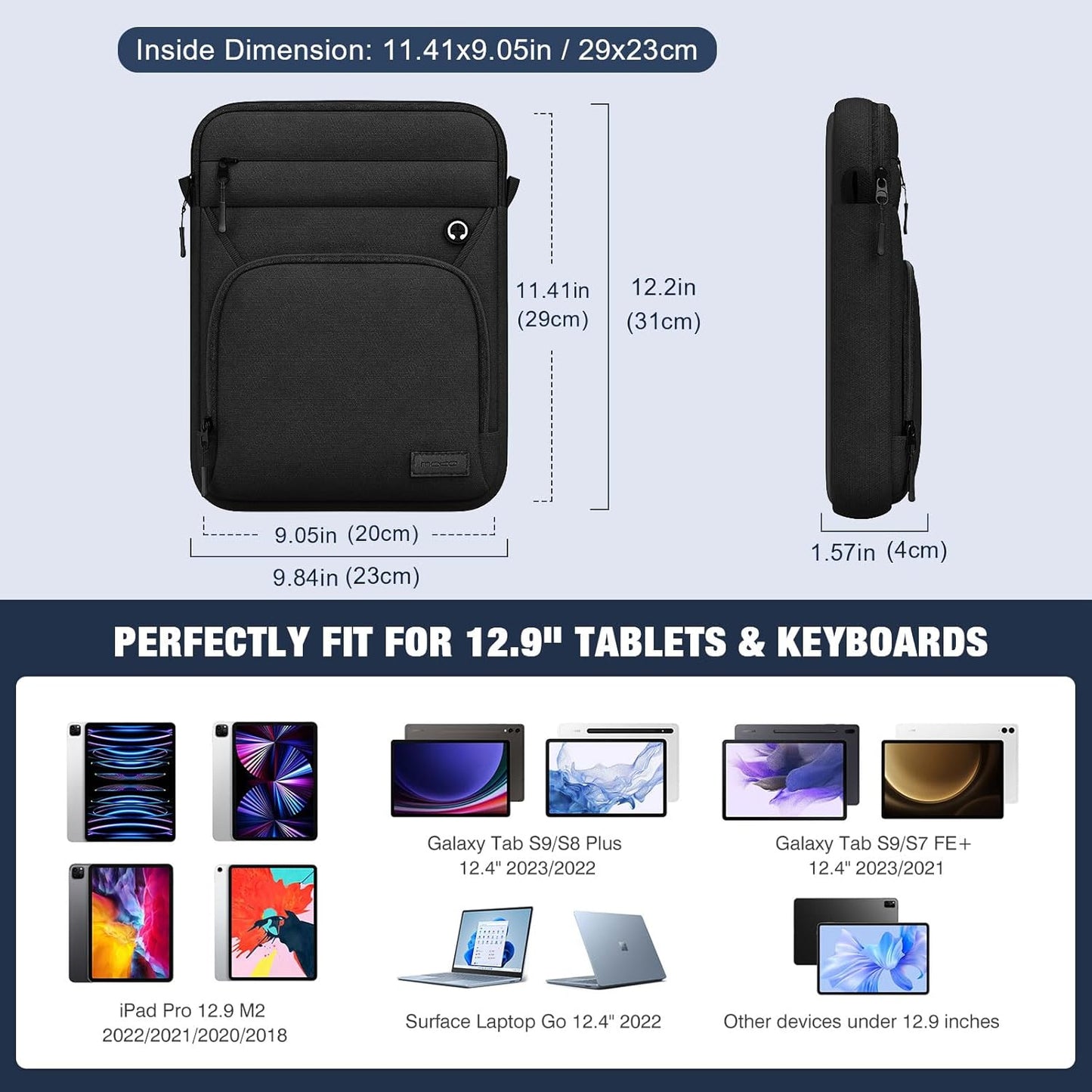 MoKo 12.9 Inch Tablet Sleeve Bag, Fits 13 Inch New iPad Pro M4 & Air M2 2024, iPad Pro 12.9 inch M2&M1, Galaxy Tab S9/S8 Plus 12.4", Multifunctional Bag with Shoulder and Headphone Port, Black