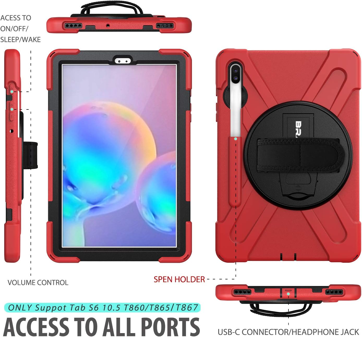 BRAECN for Galaxy Tab S6 Case,[with S Pen Holder] Three Layers Heavy Duty Shockproof Case with Hand Strap,Shoulder Strap,360 Kickstand for Galaxy Tab S6 10.5 Inch 2019(SM-T860/T865/T867)-Red