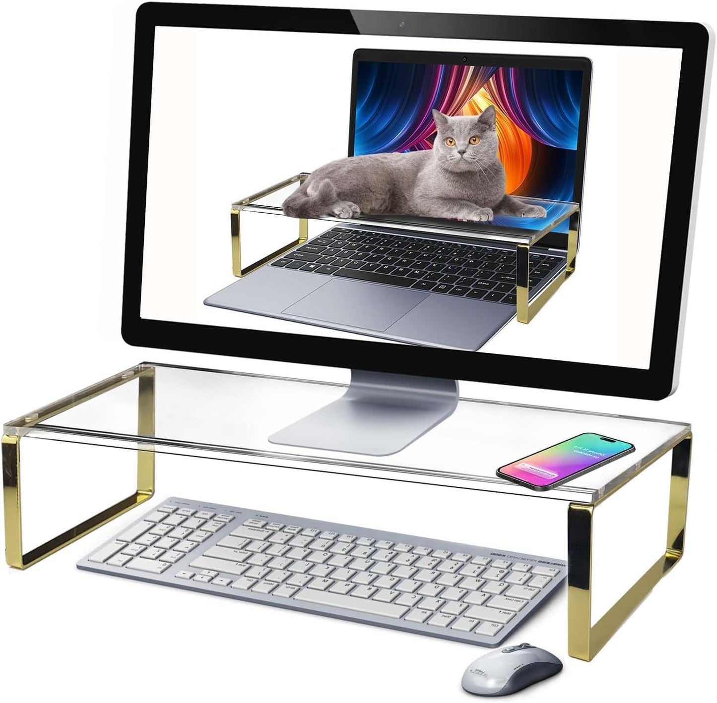Keyboard Cat Protector - 20" Large Monitor Stand 2 in 1 Clear Acrylic Keyboard Cover Long Acrylic Monitor Stand Keyboard Protective Cover for Desk 108 Keyboard Protector Laptop Computer Monitor