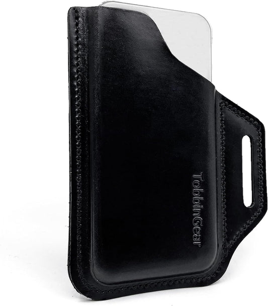 TobbinGear Leather Belt Phone Pouch, Left Handed Leather Cell Phone Holster, Universal Phone Case with Belt Loops, for Men and Women Black Large