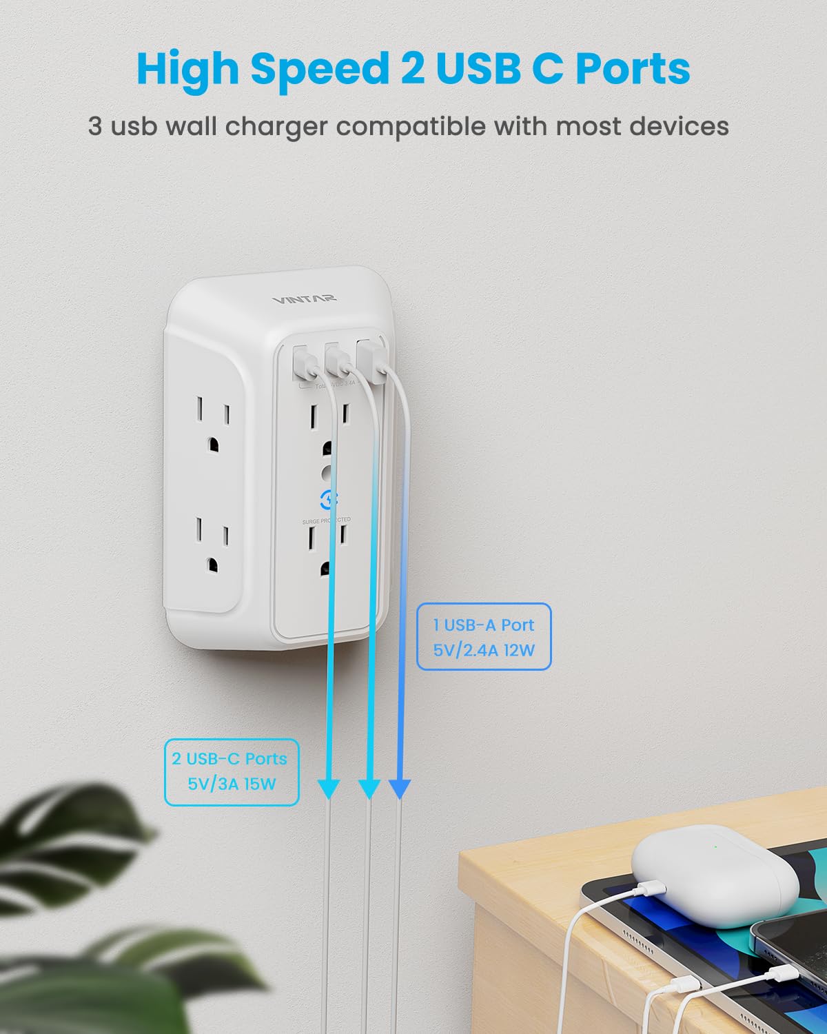 [2-Pack] Surge Protector Outlet Extender, VINTAR 6 Outlet Splitter with 3 USB Charging Ports (2 USB C),900J Multi Plug Outlet Power Strip, 3-Sided Usb Wall Charger for Home Office Dorm Room Essentials