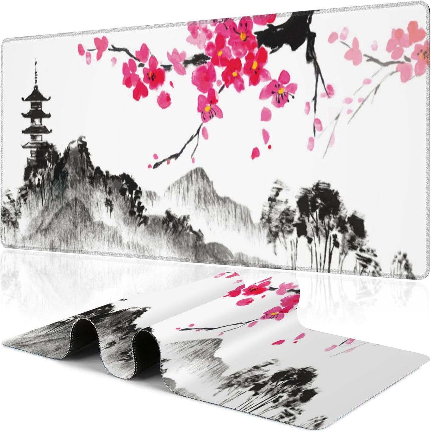 Chinese Ink Painting Desk Mat,Large Abstract Landscape Painting Gaming Keyboard Mouse Pad,Non-Slip Rubber Base Desk Pad Thick Stitched Edges Waterproof Mousepad Mouse Mat 31.5"x11.8"