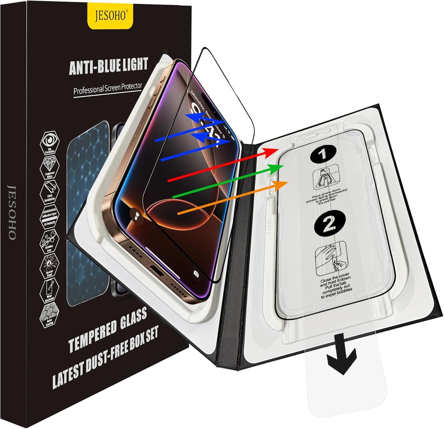 Screen Protector for iPhone 16 Pro Max Blue Light Block,Military-Grade Shatterproof HD Tempered Glass with Easy Installation Tray,Touch Sensitive, 9H Hardness, Anti-Scratch,2 Pack