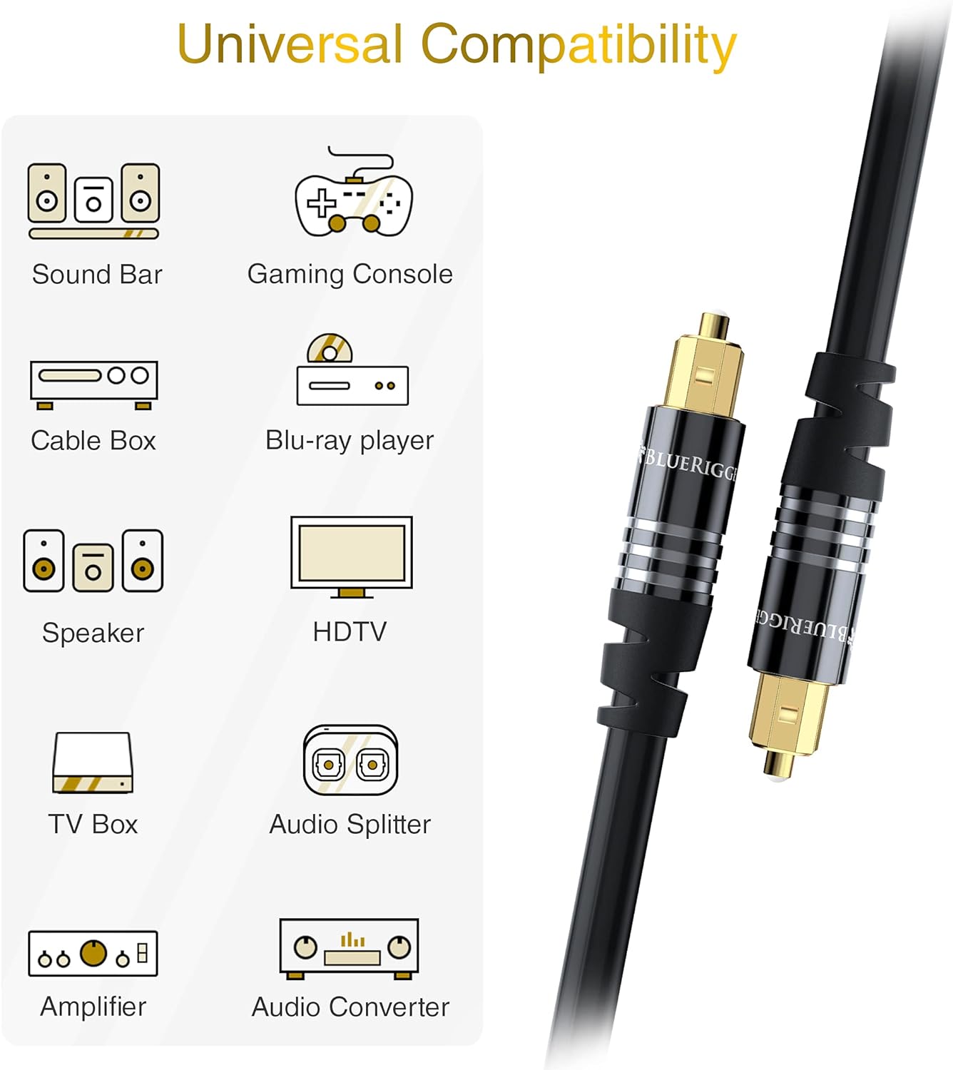 BlueRigger Digital Optical Audio Toslink Cable (6FT, Fiber Optic, Aluminum Shell, 24K Gold-Plated) - Compatible with Home Theatre, Sound Bar, TV, Xbox, PlayStation PS4 – Premium Series