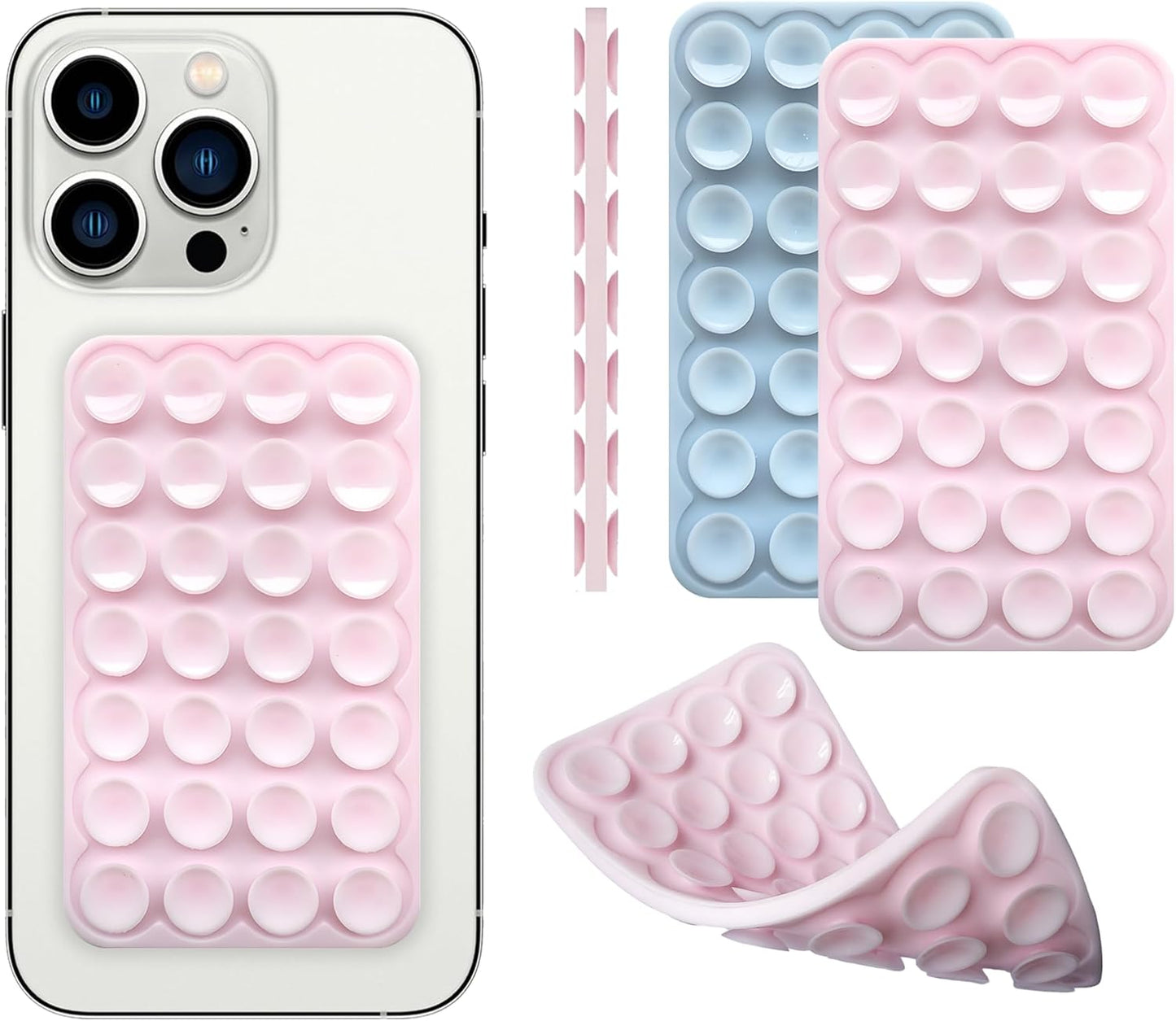 Silicone Double-Sided Suction Phone Grip Detachable Mount - Car Dashboard/Shower Phone Holder, Hands-Free For Selfies & Videos, TikTok - iphone & Android Compatible (3.74"x2.2", Baby Blue+Baby Pink)