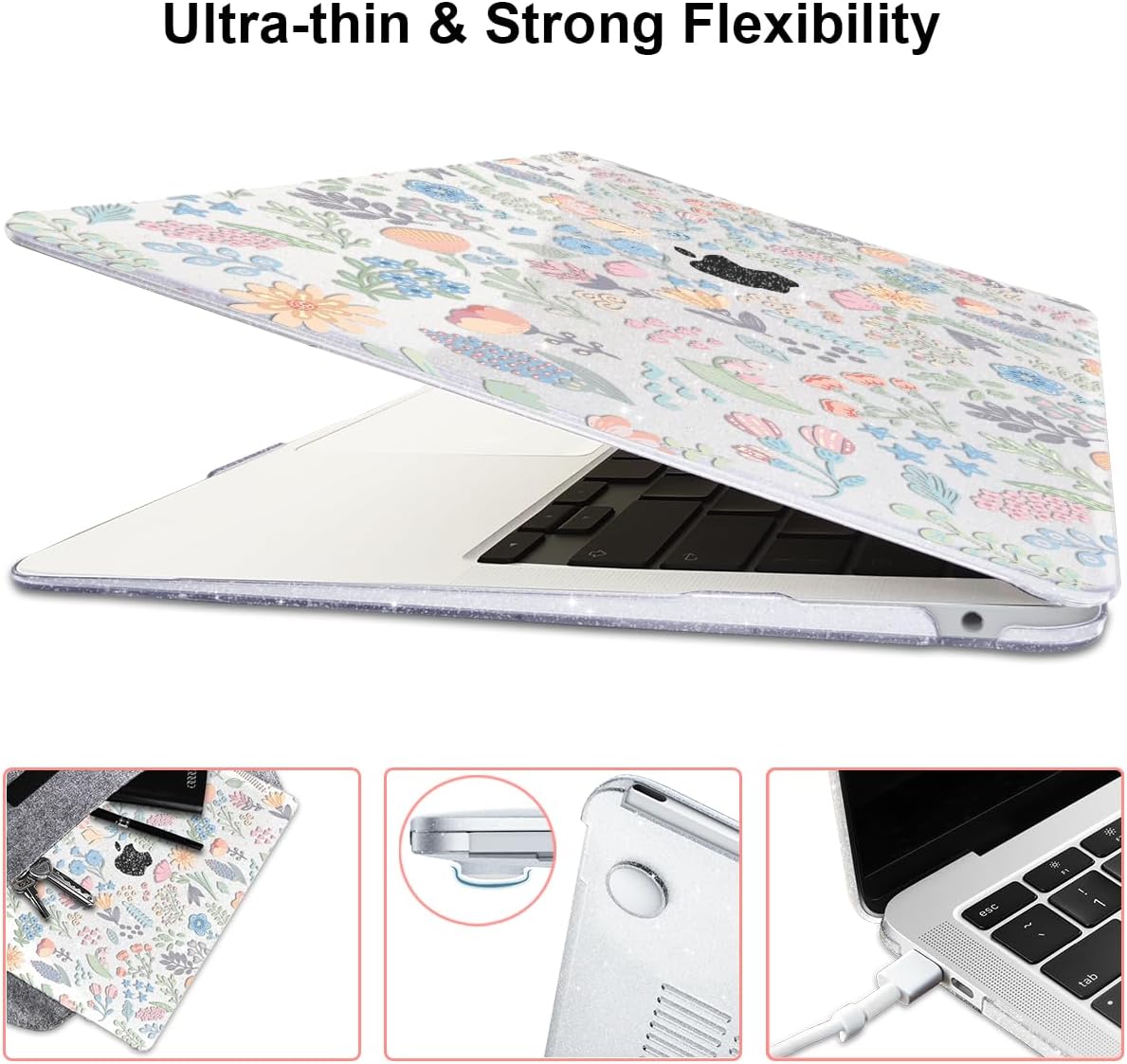 for MacBook Pro 13 inch Case 2022 2021 2020-2016 Release M2 M1 Chip A2338 A2251 A2289 A2159 A1989 A1706, Shiny Pattern Plastic Hard Shell Case Keyboard Cover Screen Film, Starry Sky Flowers
