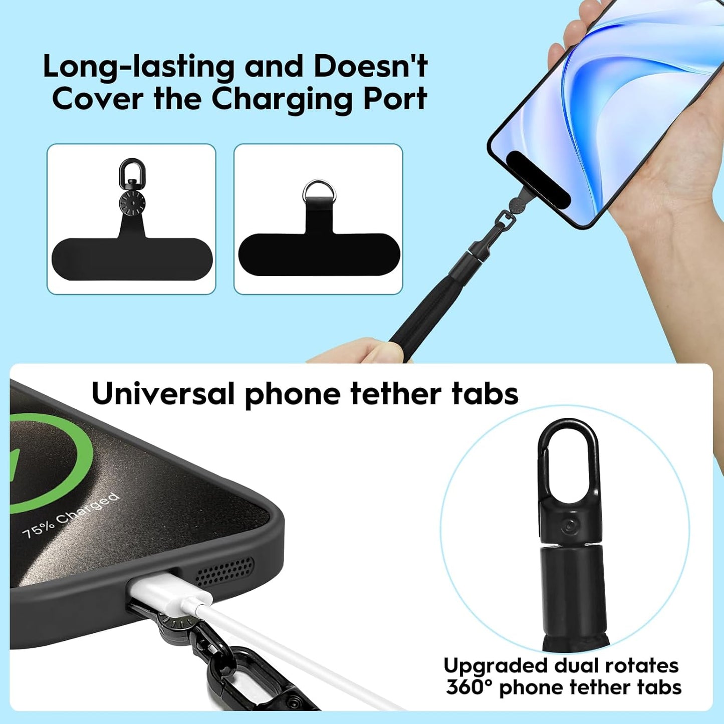 Hand Wrist Strap Lanyard, Universal Cell Phone Lanyard Patch Rotatable 360° Compatible with iPhone & Other Smartphones, Phone Strap for Women and Men(Black)