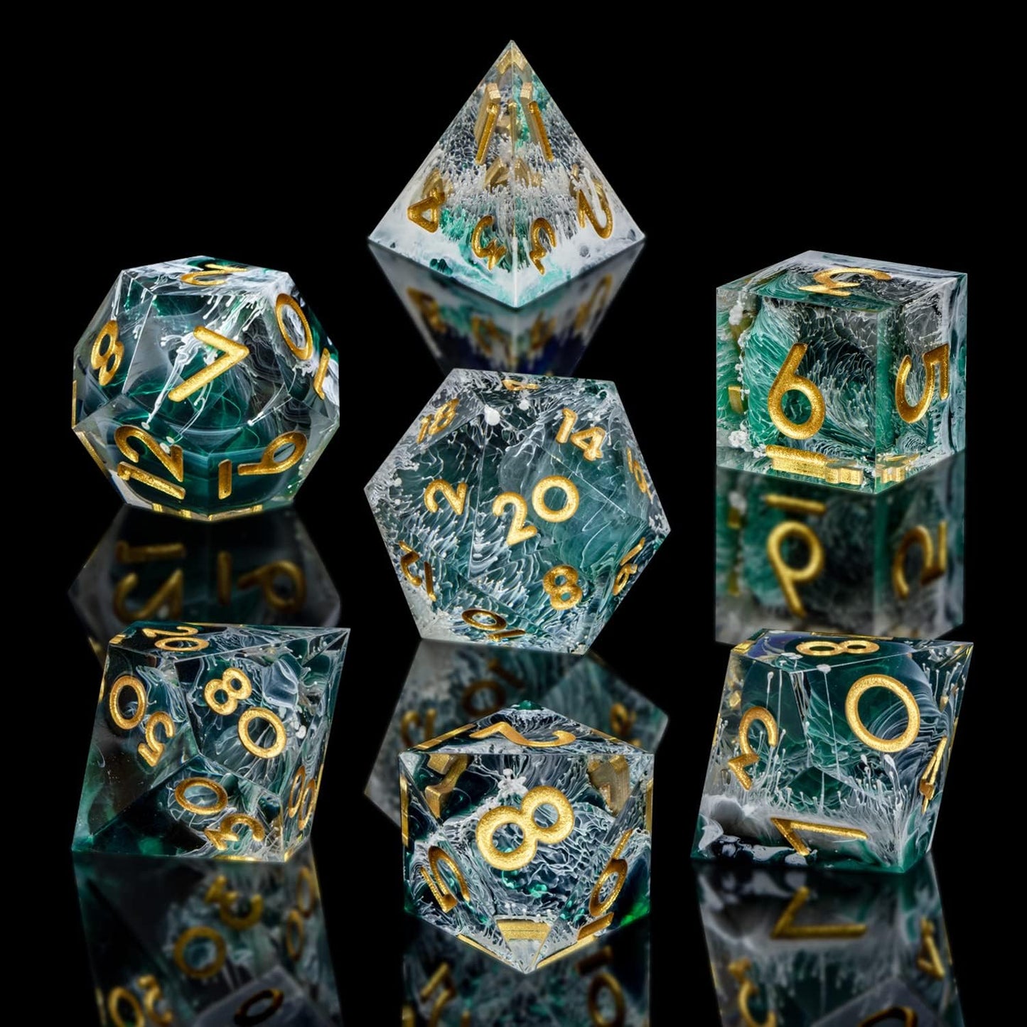 ARUOHHA Sharp Edge Dice DND Resin Translucent Dice Set, Green Handmade D and D Dice Set RPG Role Playing Games Polyhedral Dice D20 D12 D10 D8 D6 D4