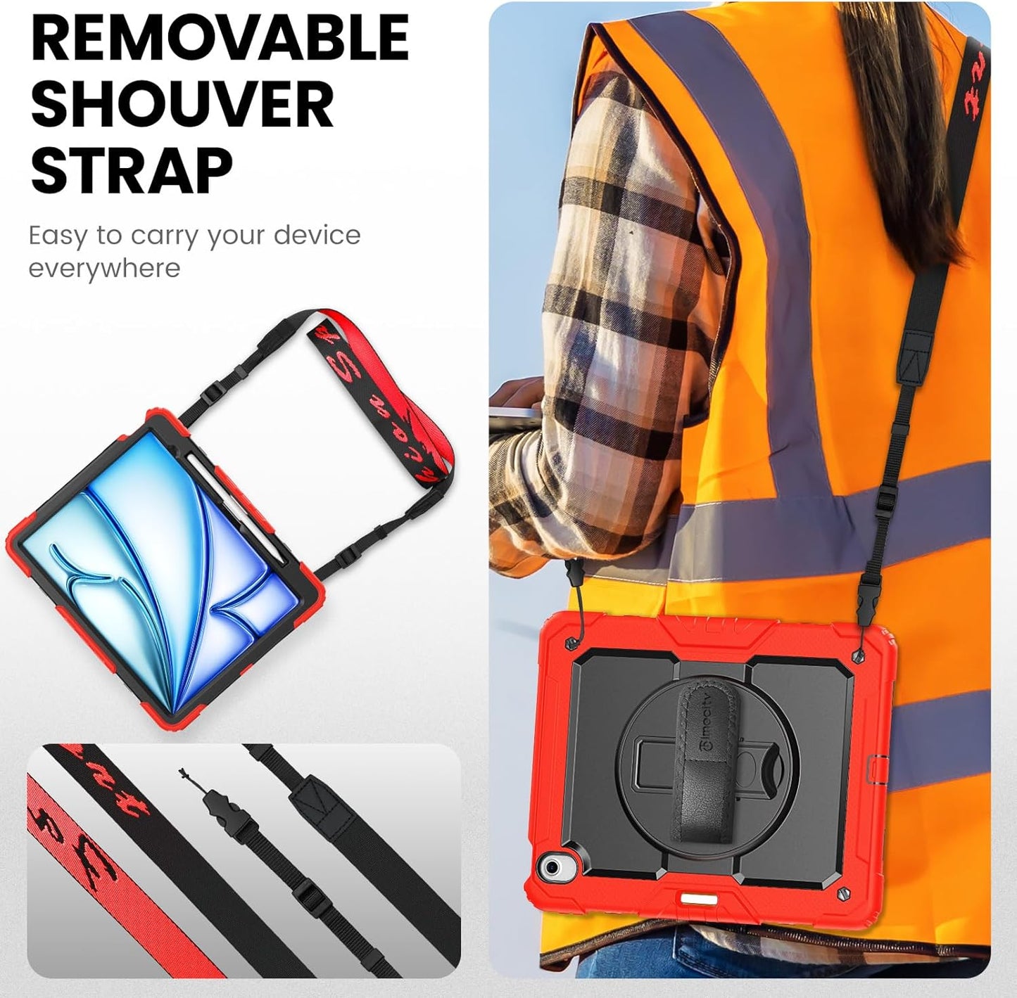 timecity for iPad Air 13 Inch Case M3 2025/ M2 2024, 360° Rotating Stand, Pencil Holder & Wireless Charging, Shockproof with Screen Protector & Shoulder Strap - for Designers & Professionals, Red