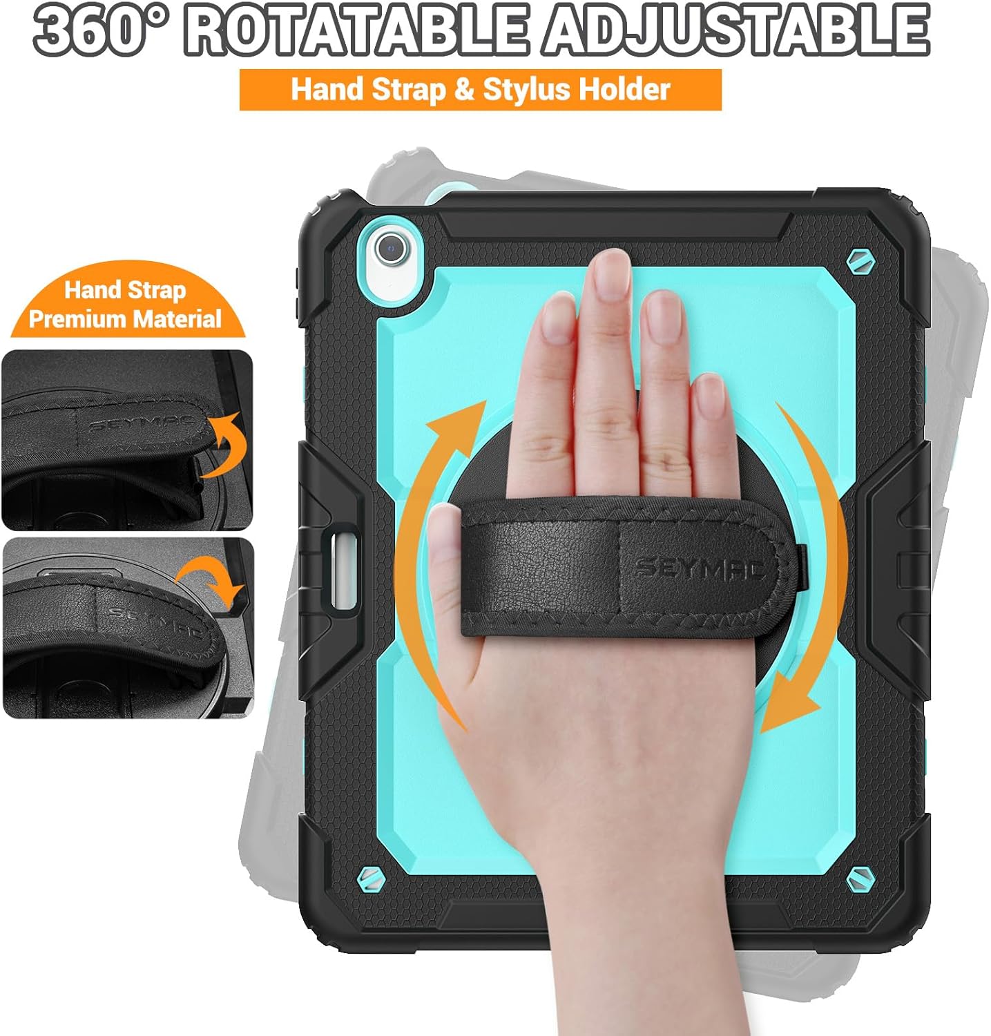 SEYMAC for iPad Air 13 Inch Case M3 2025/ M2 2024, Heavy Duty Shockproof Protective Case with Screen Protector, 360° Rotating Stand, Hand/Shoulder Strap and Pen Holder for iPad Air 13, Light Blue