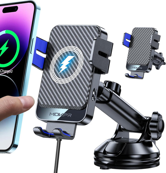 Wireless Car Charger, MOKPR 15W Fast Charging Auto-Clamping Car Mount Hands-Free Car Charger Mount for Dash Windshield Air Vent Compatible with iPhone 16 15/14/13/12, Samsung S23/S22/S21,Blue