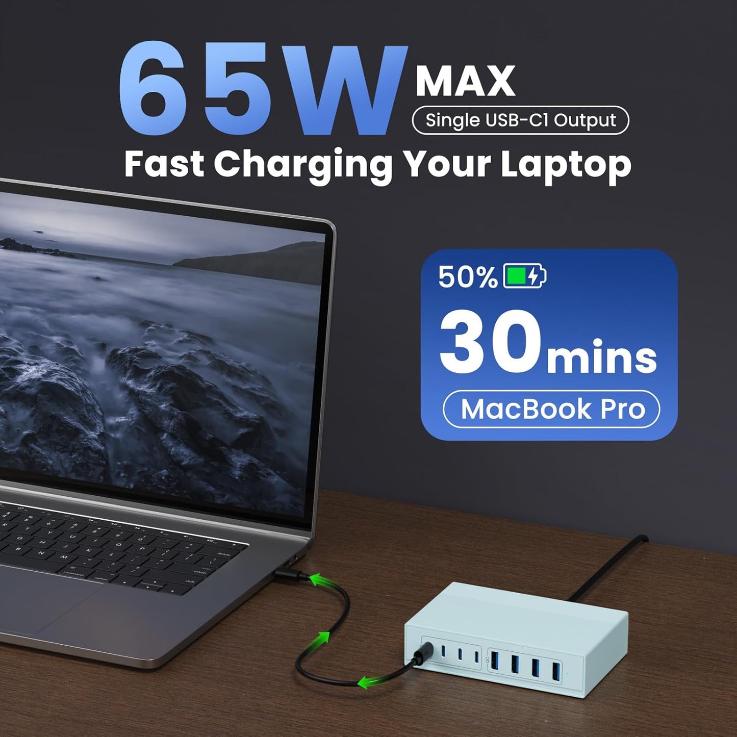 Light Blue 8-in-1 GaN III USB C Charger Hub - 65W PD Laptop Charger & Travel Adapter for MacBook Pro/Air, Dell XPS, iPhone 16/15/14, iPad, Galaxy S24