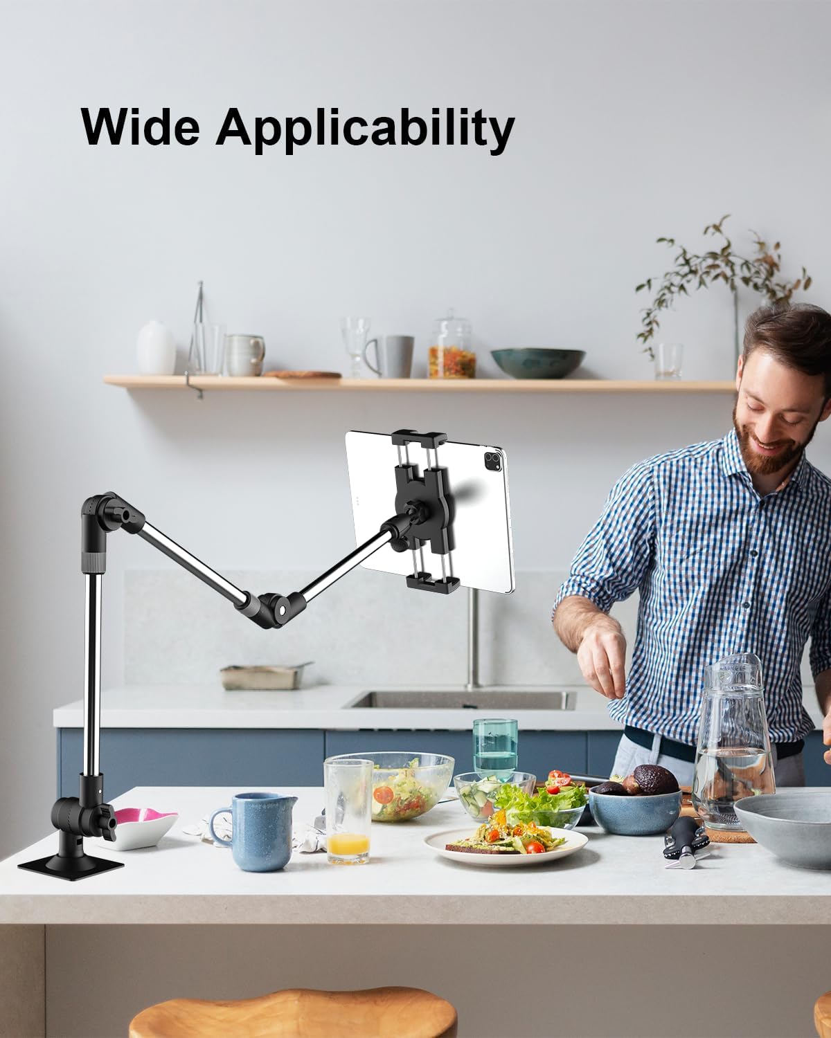 Tablet Wall Mount, 35" Aluminum Alloy Foldable Arm, 360 Degree Angle Adjustable for Kitchen/Desk, Compatible with 4.7-13" Tablet Like iPad Pro, Air, Mini, iPhone, Galaxy, Fire, Switch, Camera, Webcam