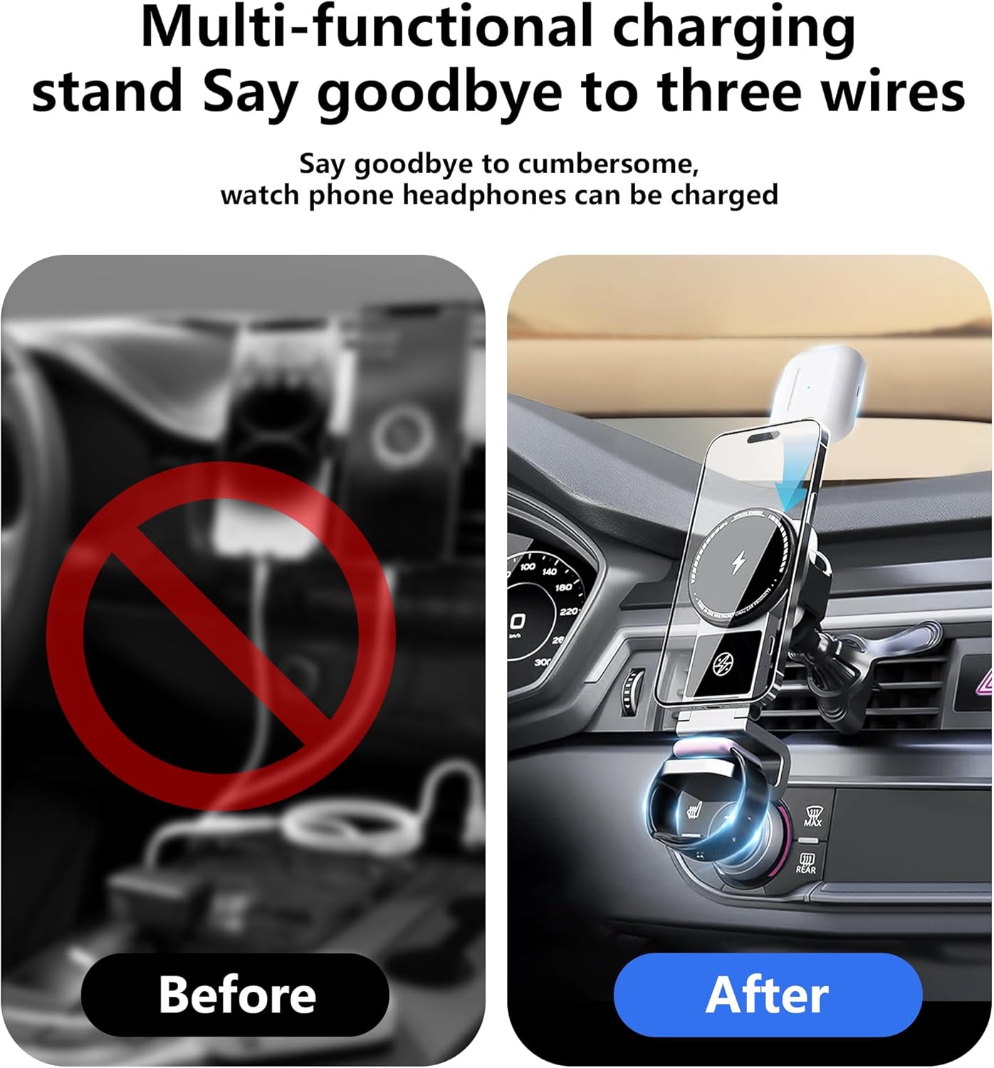 3 in 1 Wireless Car Charger, 15W Fast Charging Phone Holder Foldable Magnetic Mount Fit for All iPhone Android Phone, iWatch, Airpods Wireless Earphone