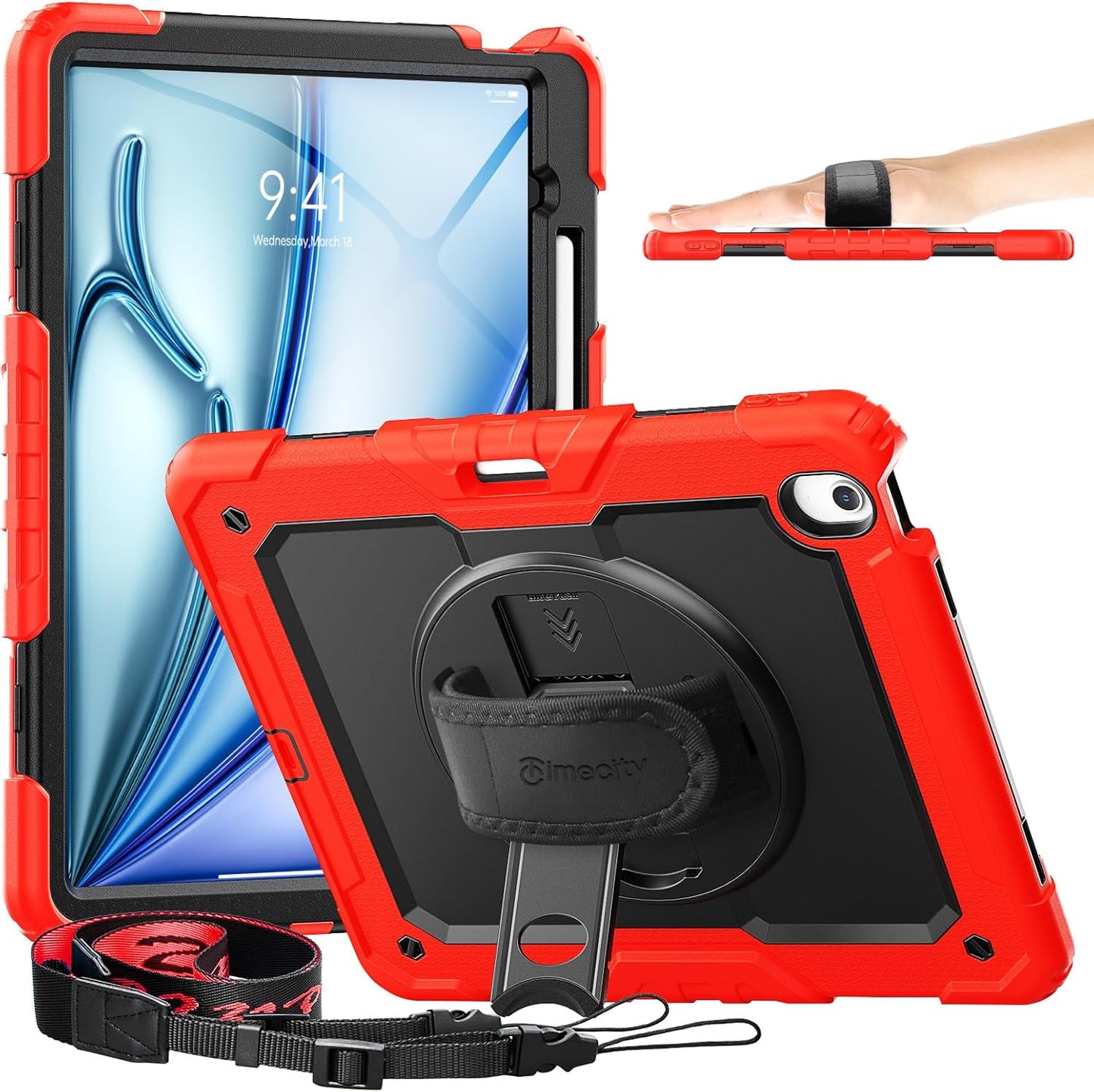 timecity for iPad Air 13 Inch Case M3 2025/ M2 2024, 360° Rotating Stand, Pencil Holder & Wireless Charging, Shockproof with Screen Protector & Shoulder Strap - for Designers & Professionals, Red