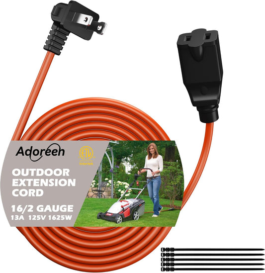90 Degree 2 Prong Polarized Outdoor Power Extension Cord 125 FT, Angled Low-Profile Plug, 16 Gauge 125V SJTW Waterproof Long Cable for Home Office Lawnmower Garden Tools Lights, ETL+Ties-Bright Orange