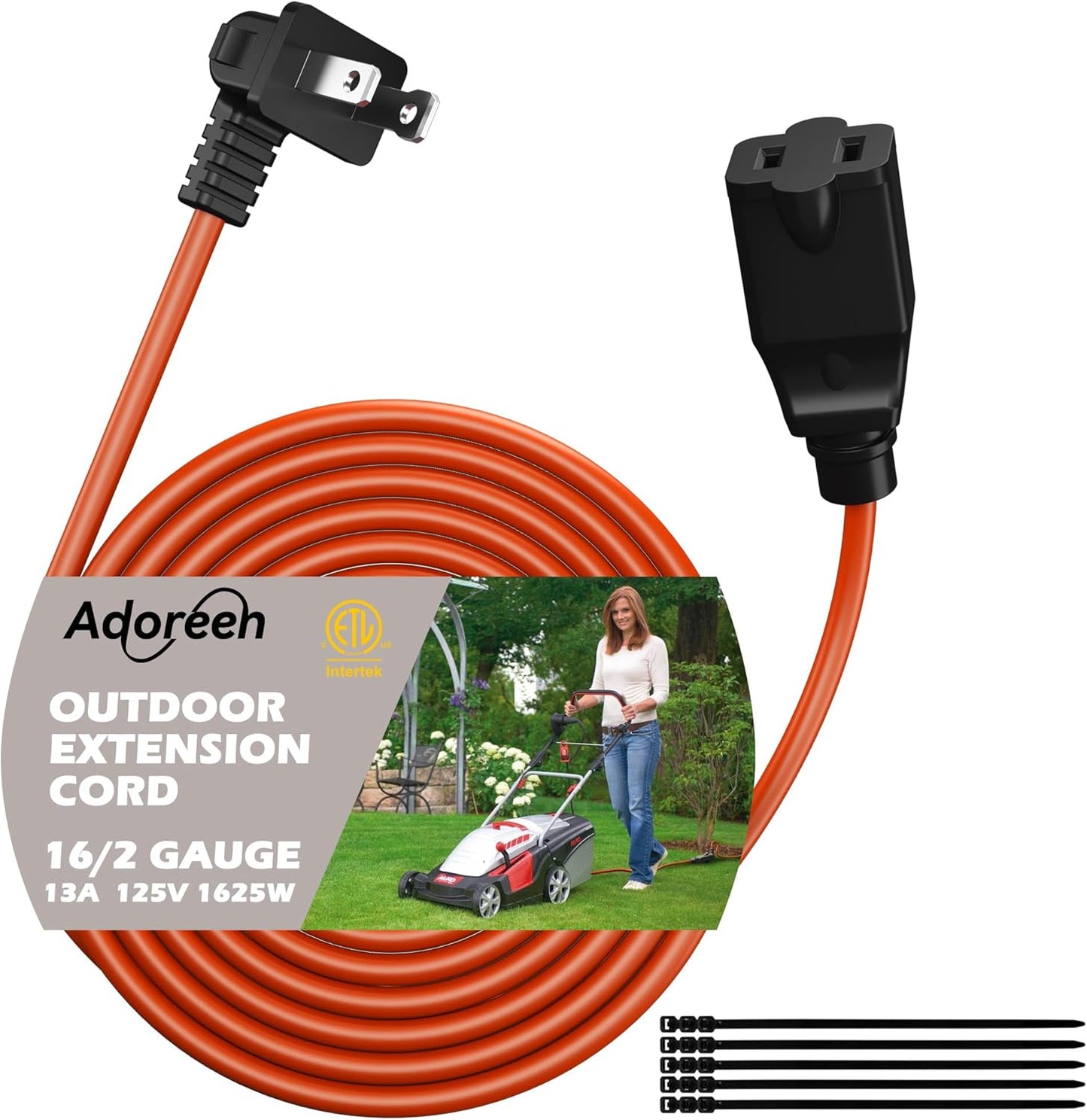 90 Degree 2 Prong Polarized Outdoor Power Extension Cord 35 FT, Angled Low-Profile Plug, 16 Gauge 125V SJTW Waterproof Long Cable for Home Office Lawnmower Garden Tools Lights, ETL+Ties-Bright Orange