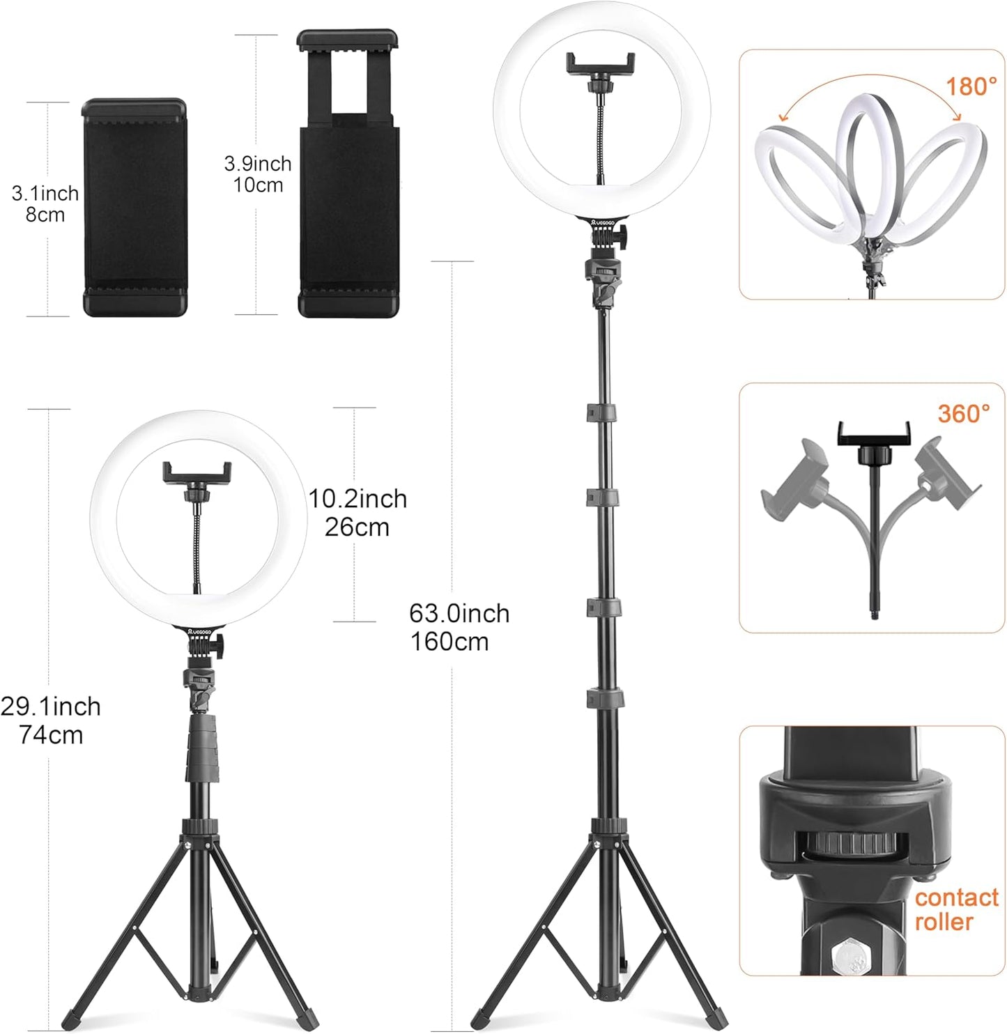 UEGOGO 10'' Ring Light with 72'' Tripod Stand, Dimmable LED Ringlight for Live Stream, Photography, Makeup, Video Recording