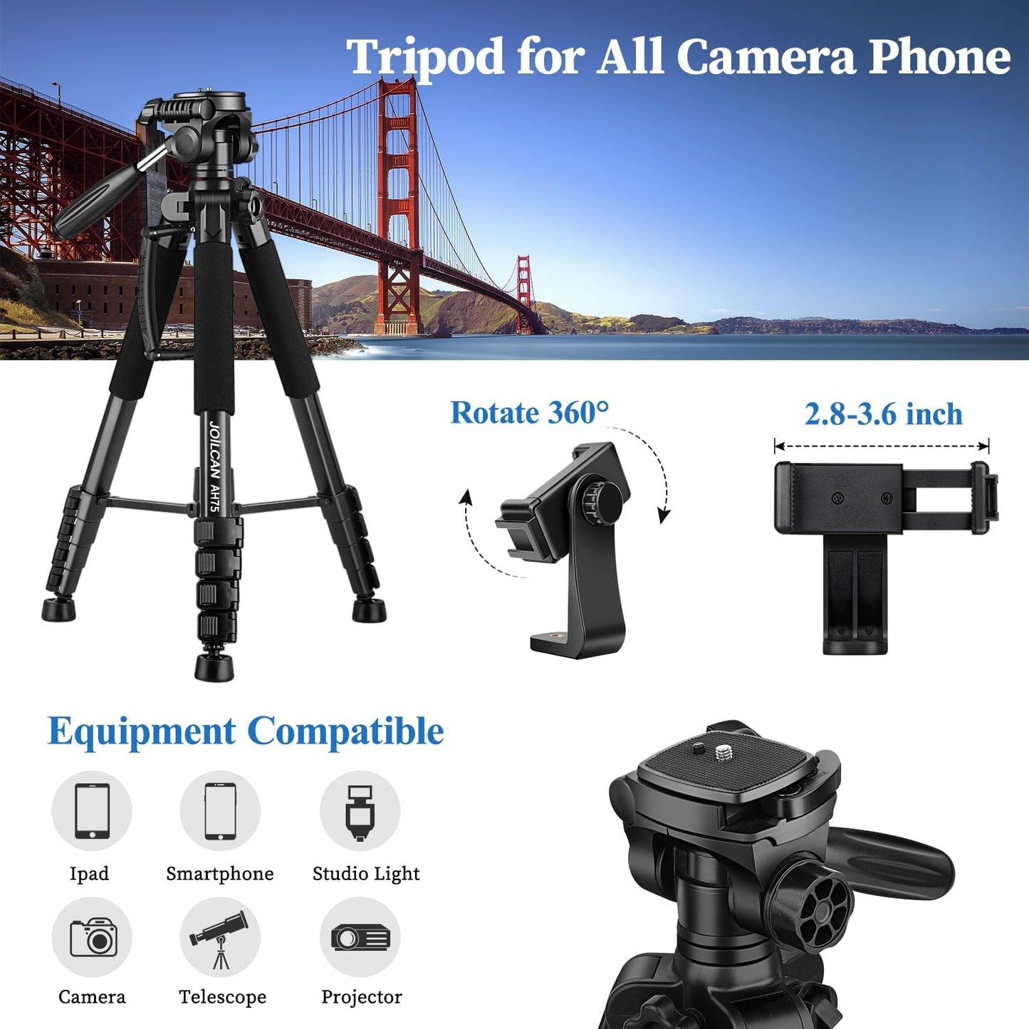JOILCAN Tripod Camera Tripods, 74" Tripod for Camera Phone Video Recording, Heavy Duty Cameras Tripod Stand, Professional Travel DSLR Tripods Compatible with Canon iPhone, Max Load 15 LB