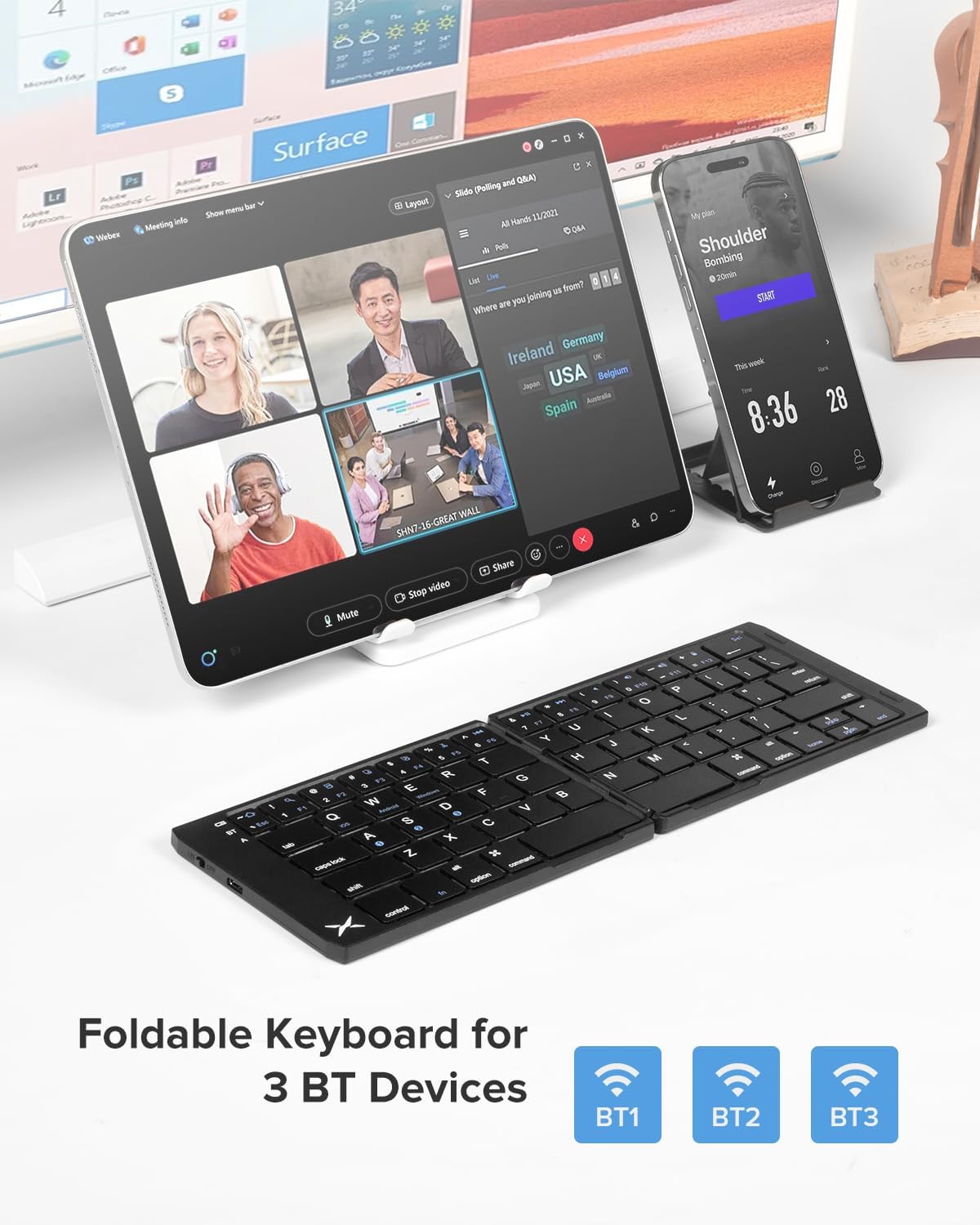 DeLUX Foldable Bluetooth Keyboard, Wireless Portable Travel Keyboard with Stand Holder, Rechargeable Ultra Slim Mini Size, for iOS Android Windows Mac Smartphone Tablet (KF19)
