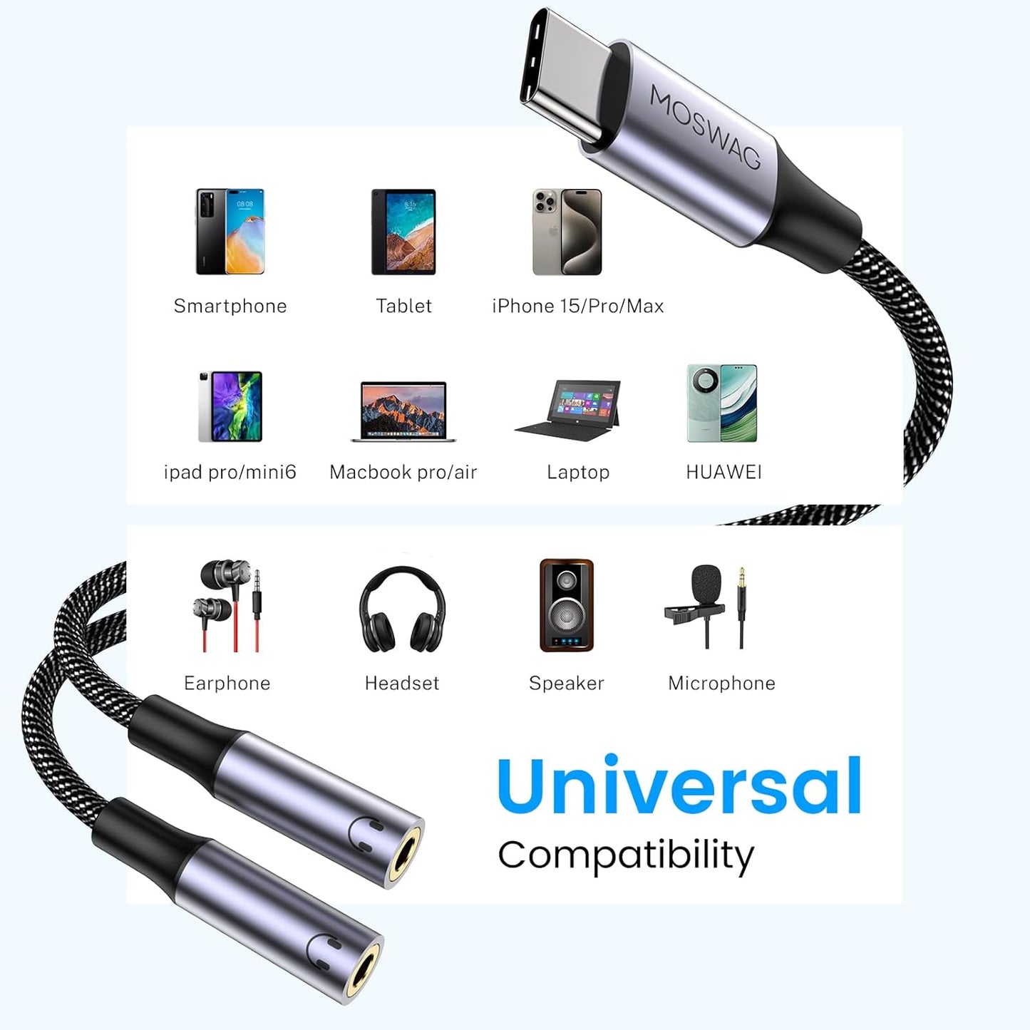 MOSWAG USB C to Dual 3.5mm Female Headphone Splitter,Type C to Dual 3.5mm Female Headphone Adapter Compatible with Pixel 7 6, Galaxy S23 iPhone 15 Pro Max/Pro/Plus