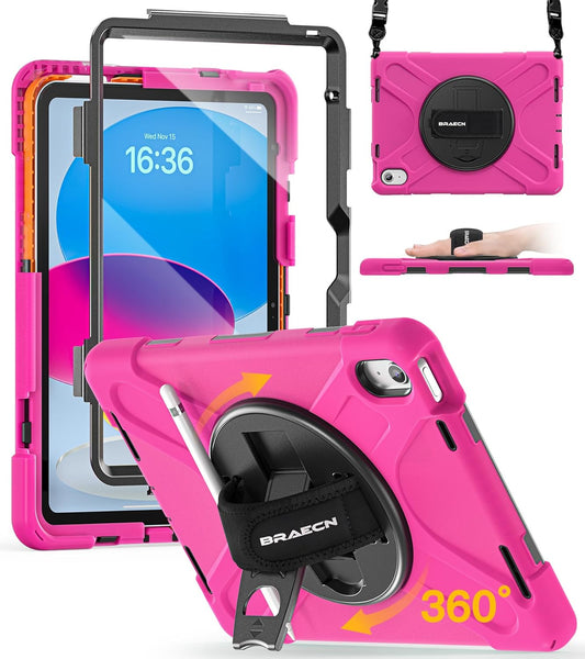 BRAECN for iPad (A16) 11th/10th Generation case 11/10.9 inch 2025/2022 Heavy Duty Shockproof Protective with Pencil Holder Screen Protector 360°Rotating Stand Handle & Shoulder Strap Full Body Cover