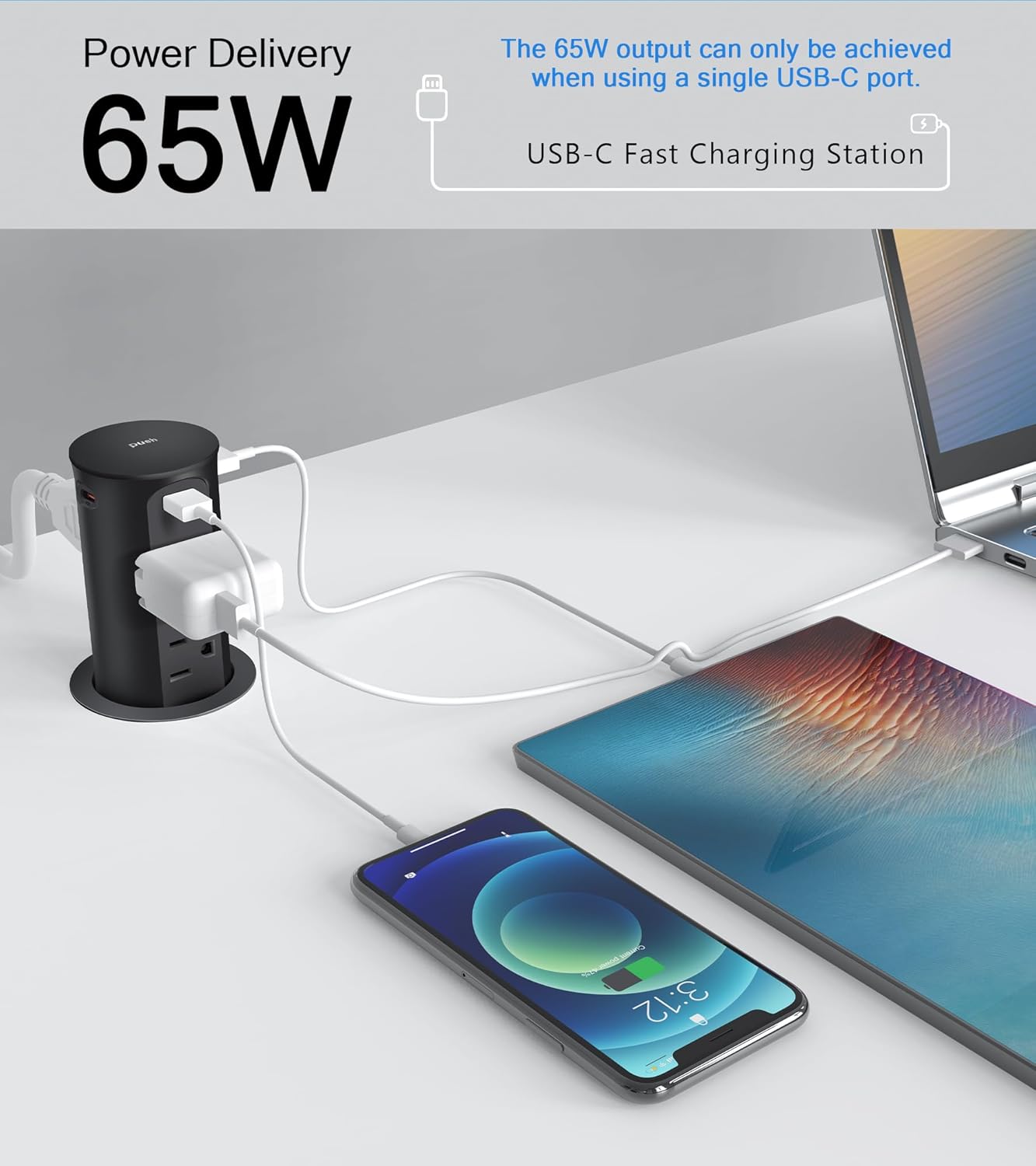 Pop up Outlet for Countertop,65W USB C Fast Charging Port,2.5-inch Hole Desktop Power Grommet,Recessed Power Strip,4 Outlets 4 USB Ports,15Amp Tamper Resistant Receptacle，ETL Listed (Black)