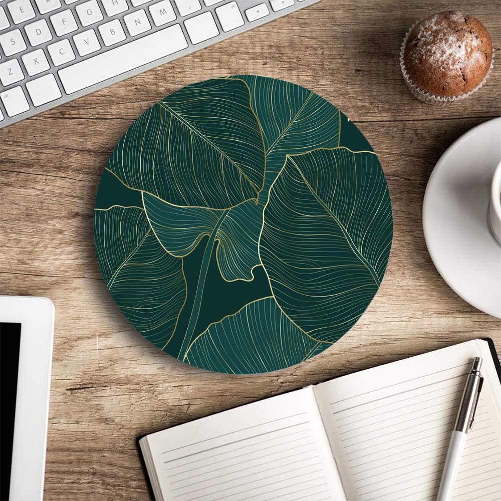 Mouse Pad, Round Computer Mouse Mat with Design, Non-Slip Rubber Base Small Mousepad, Waterproof Office Mouse Pads, Green Tropical Leaves