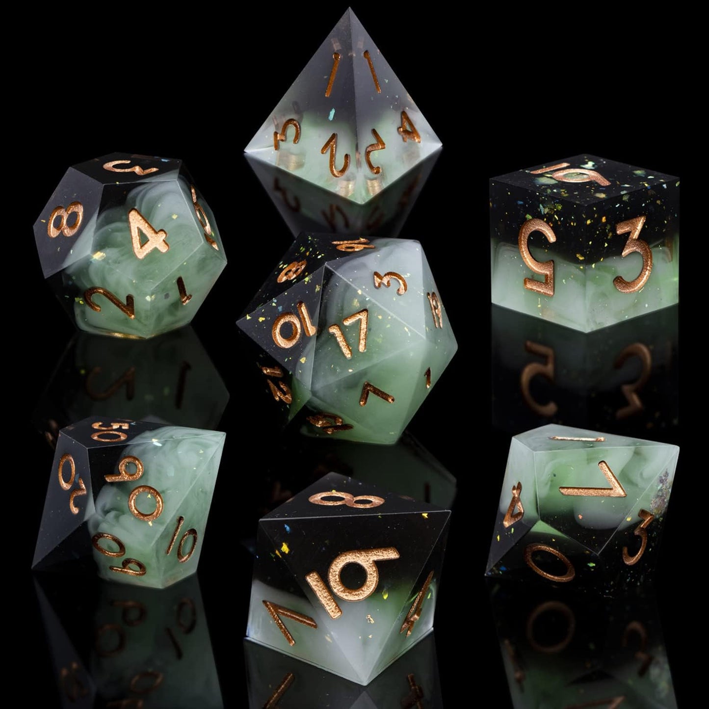 ARUOHHA Sharp Edges Dice Set DND Handmade Resin Dice with Gift Box, 7 Pcs Glitter Inclusions Polyhedral Dice RPG Role Playing Games D and D Dice with Box