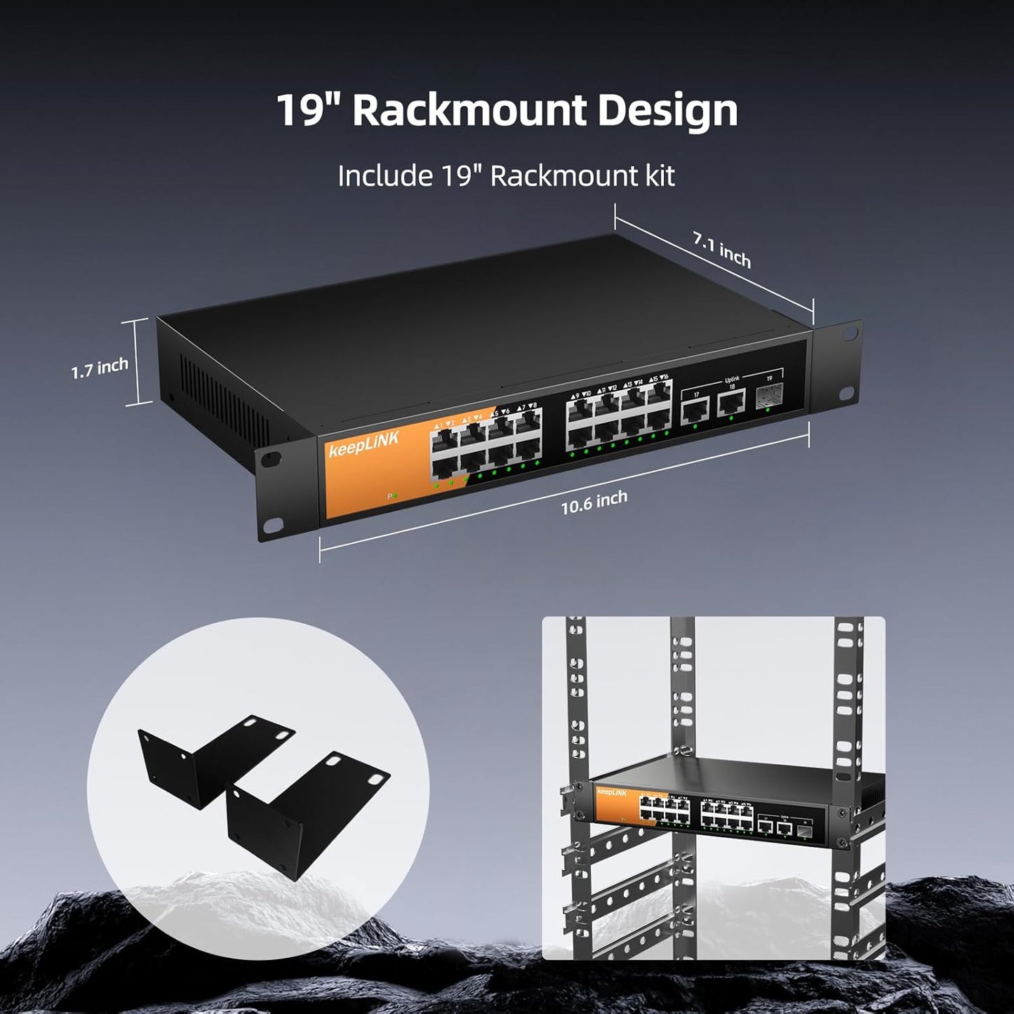 16 Port Gigabit PoE Switch Unmanaged, 16 PoE+ Ports @240W, 2 Gigabit Uplink Ports and 1 SFP Slot, 802.3 at/af Compliant, Fanless & Metal Housing, Desktop or Rackmount