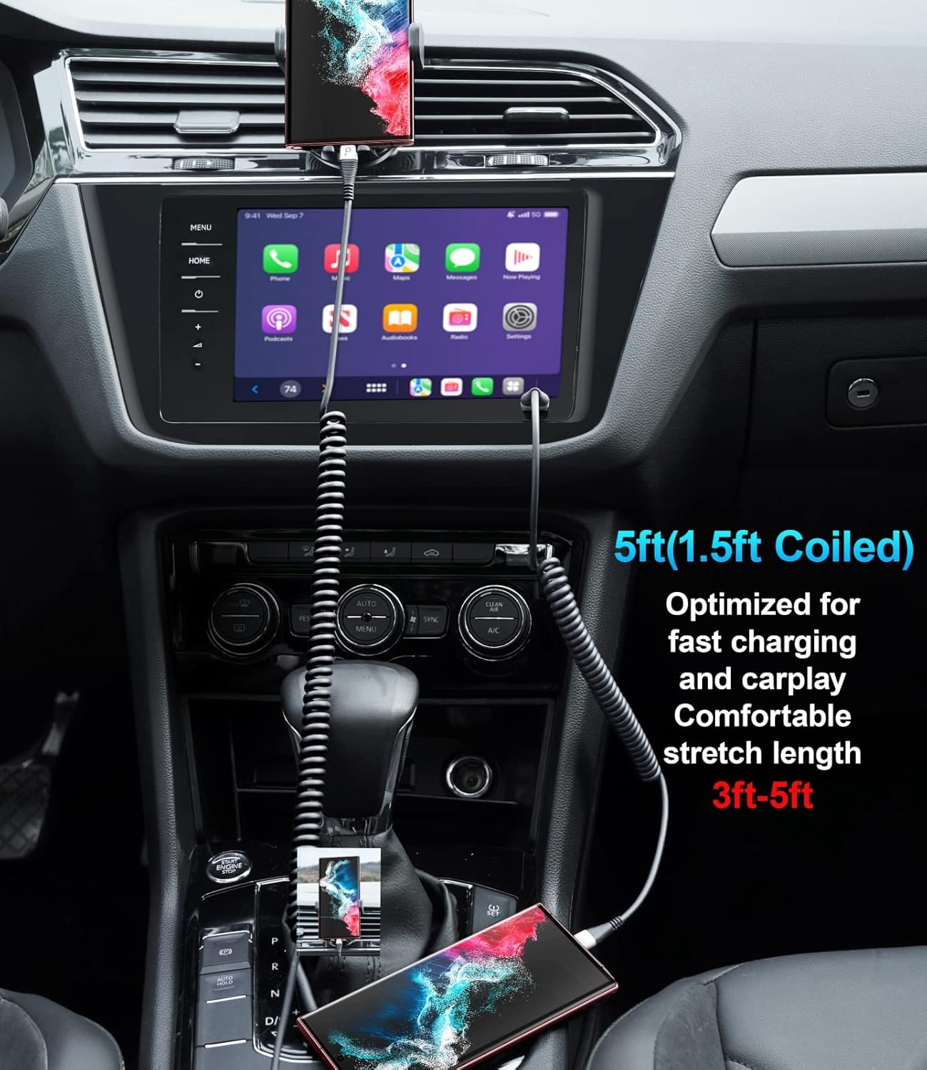 USB Type C Cable Fast Charging, 2Pack 5ft Coiled USB A to USB C Charge Cable for Car Android Auto Charging Cord Compatible with iPhone 16/15/Plus/Pro/Samsung Galaxy S20 S10 Plus and More USB C Devices