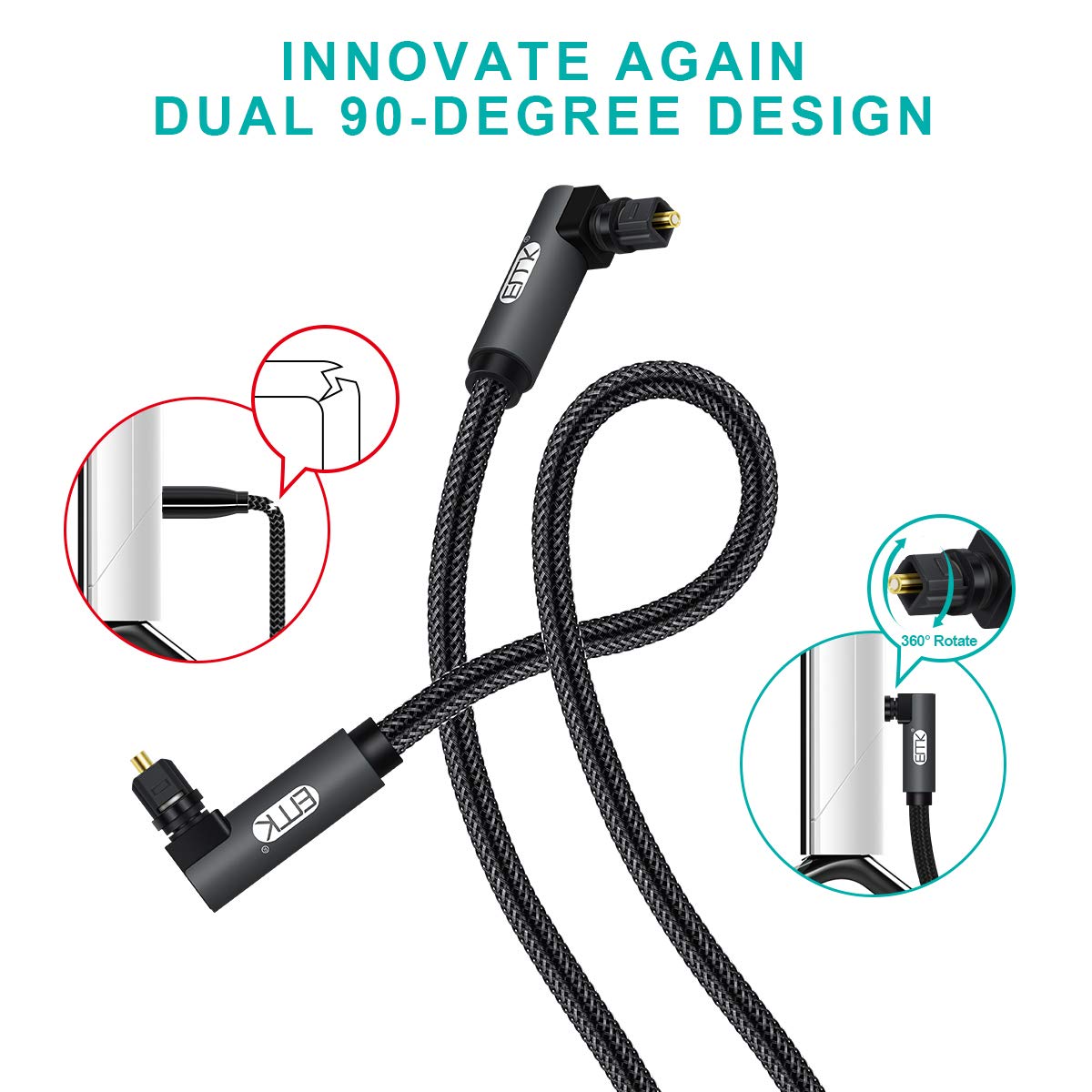EMK 【Upgraded】 Double 90 Degree Optical Audio Cable Free-Rotating Toslink Plug Nylon Braided S/PDIF Digital Right Angle Optical Male to Male Cable for Home Theater,Sound Bar,TV(10ft/3m)