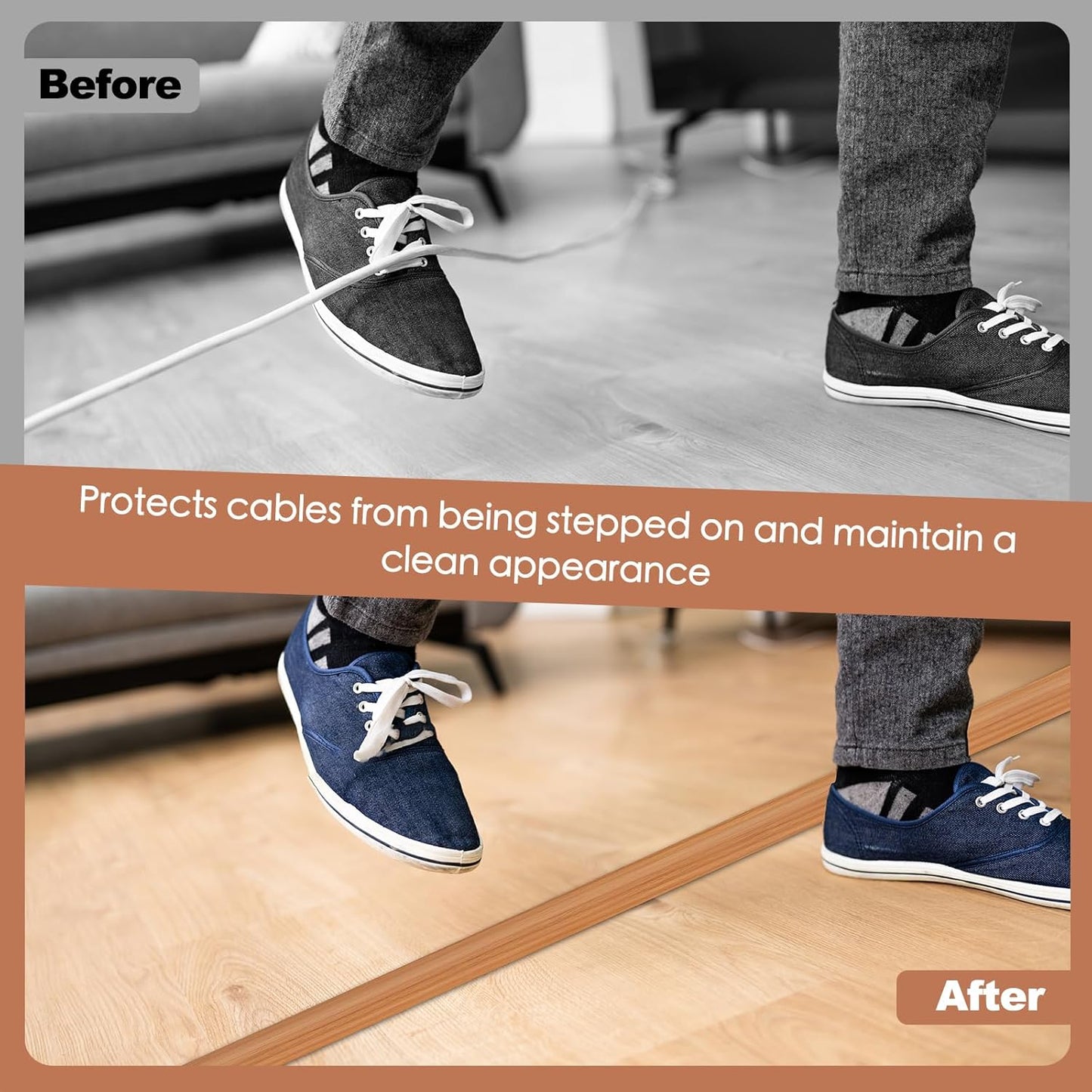 Floor Cord Cover for Wires on Floor Self Adhesive Cord Hider Floor Cable Management Wire Covers for Cords Protector Prevent Cable Trips Cord Cavity W 0.59" x H 0.31", Brown Wood, 20Ft