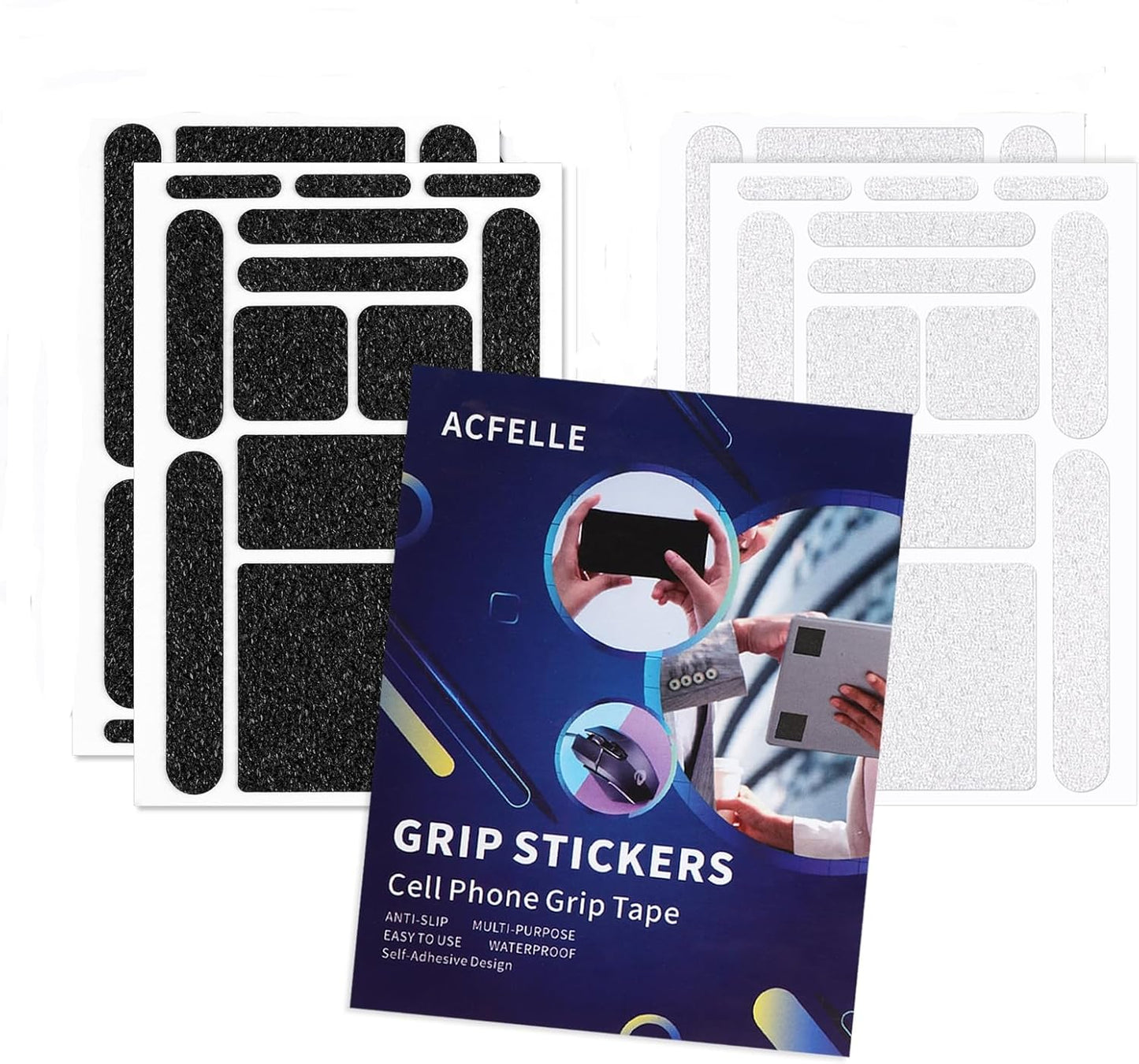 4Pack Phone Grip Tape, Finger Grip Stickers Decal Waterproof Pre-Cut Non Slip Kit Adhesive Traction for Cell Phone Cases, Handles, Tools (2Clear+2Black)