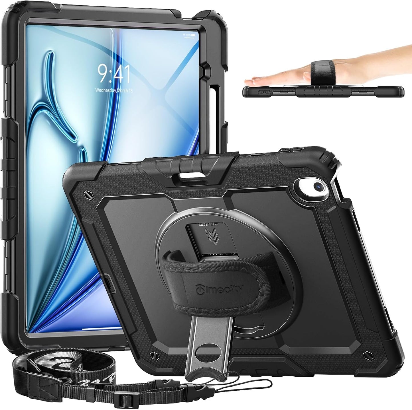timecity for iPad Air 13 Inch Case M3 2025/ M2 2024, 360° Rotating Stand, Pencil Holder & Wireless Charging, Shockproof with Screen Protector & Shoulder Strap - for Designers & Professionals, Black