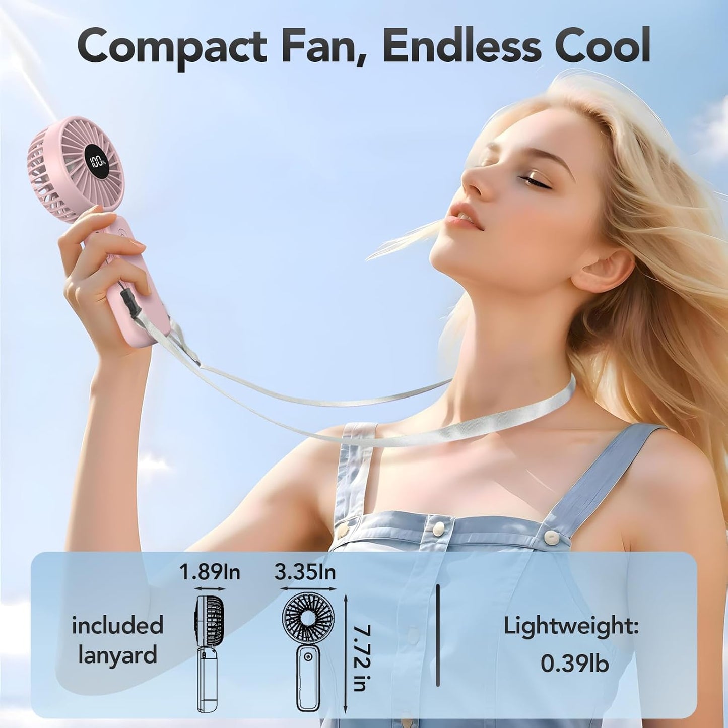 PANERGY Portable Handheld Fan, 5000mAh Rechargeable, 14H Max Cooling Time, 4 Gear Wind & LED Display, 90° Foldable Design, 3-IN-1 Mini Fan for Travel Working Concerts Makeup - Pink