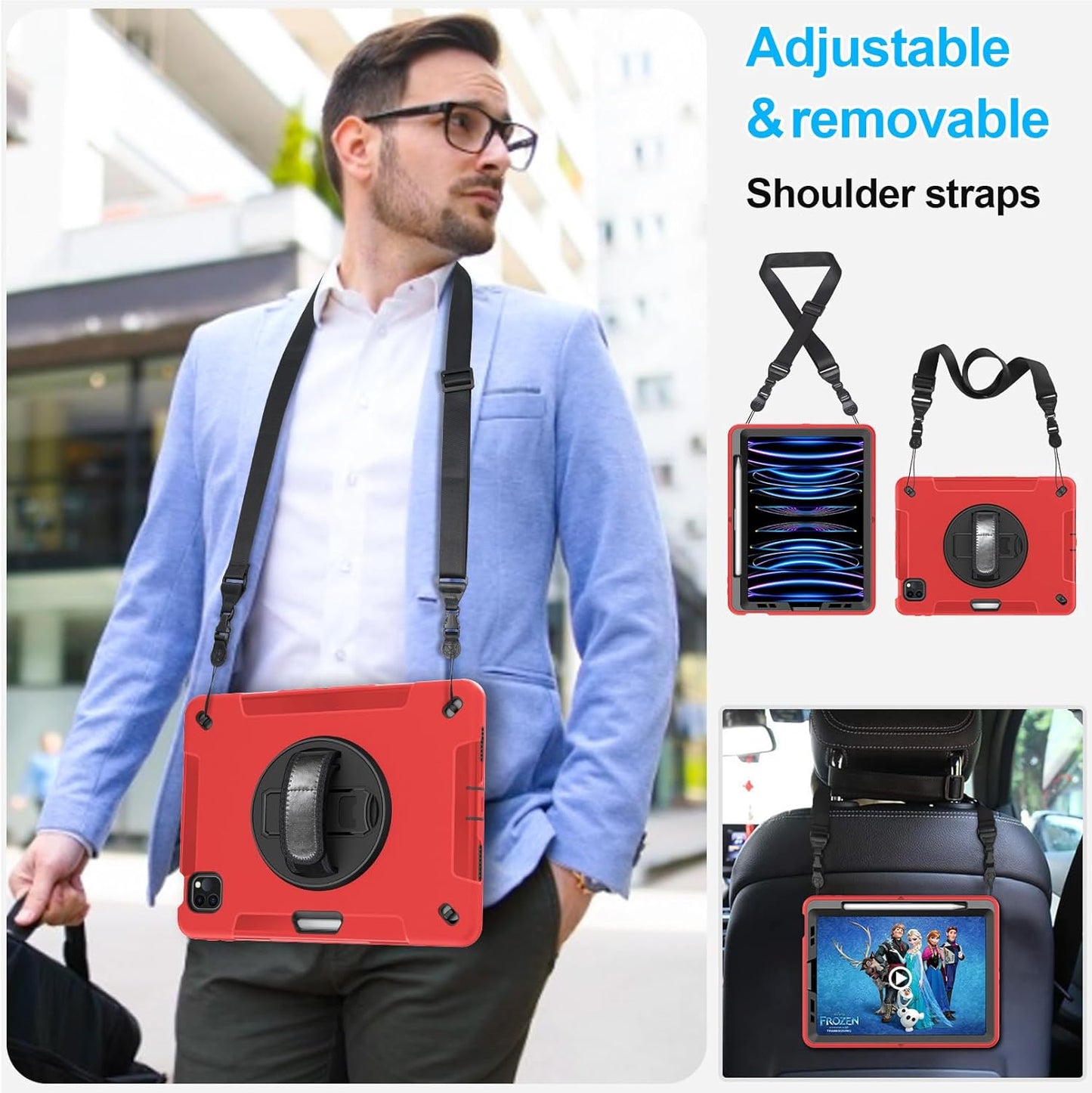 Case for iPad Pro 11 Inch 2022/2021/ 2020/2018: Cover for iPad 11 Inch 4th/ 3rd/ 2nd/ 1st Generation with Screen Protector- Stand- Handle- Shoulder Strap- Pencil Holder Red