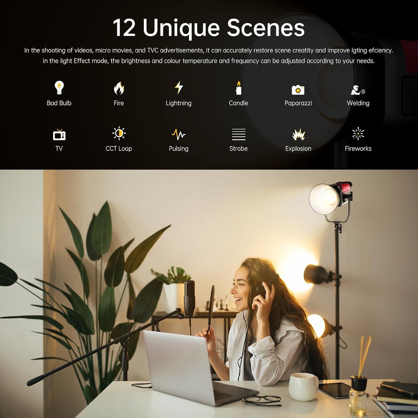 GVM Photography Lighting 300W Bi-Color Studio Lights with 45°Standard Reflector 65700Lux@1m CCT 2700~6800K 12Lighting Scenes App Control LED Video Light