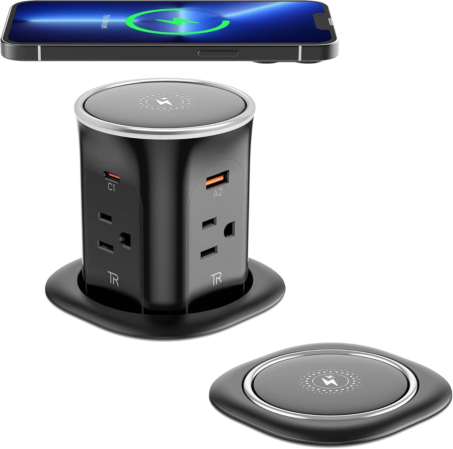 Jgstkcity Pop Up Countertop Outlet with 15W Wireless Charger,20W USB C Ports,Flush Mount Tamper Resistant,Recessed Grommet Receptacle,4 USB 4 Outlets,15A,1875W,ETL Listed,3.15in Hole,Black