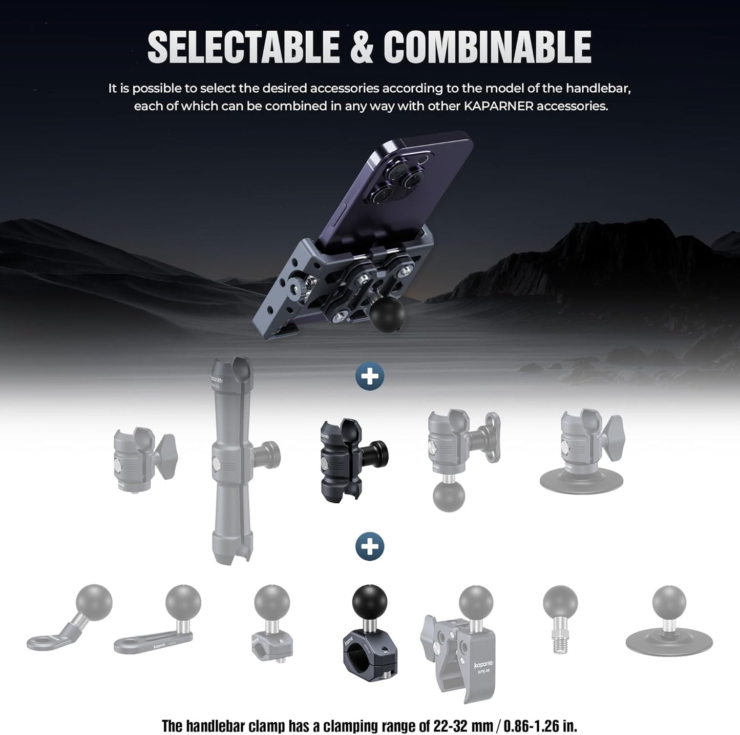 Motorcycle Phone Mount Kit, Anti-Theft Dual Socket Arm, 360° Rotate Phone Clip and Aluminum Handlebar Clamp Mount U-Bolt Base for Bike/ATV/Scooter Handlebar for 5.5-7" Smartphone (KPS-19)