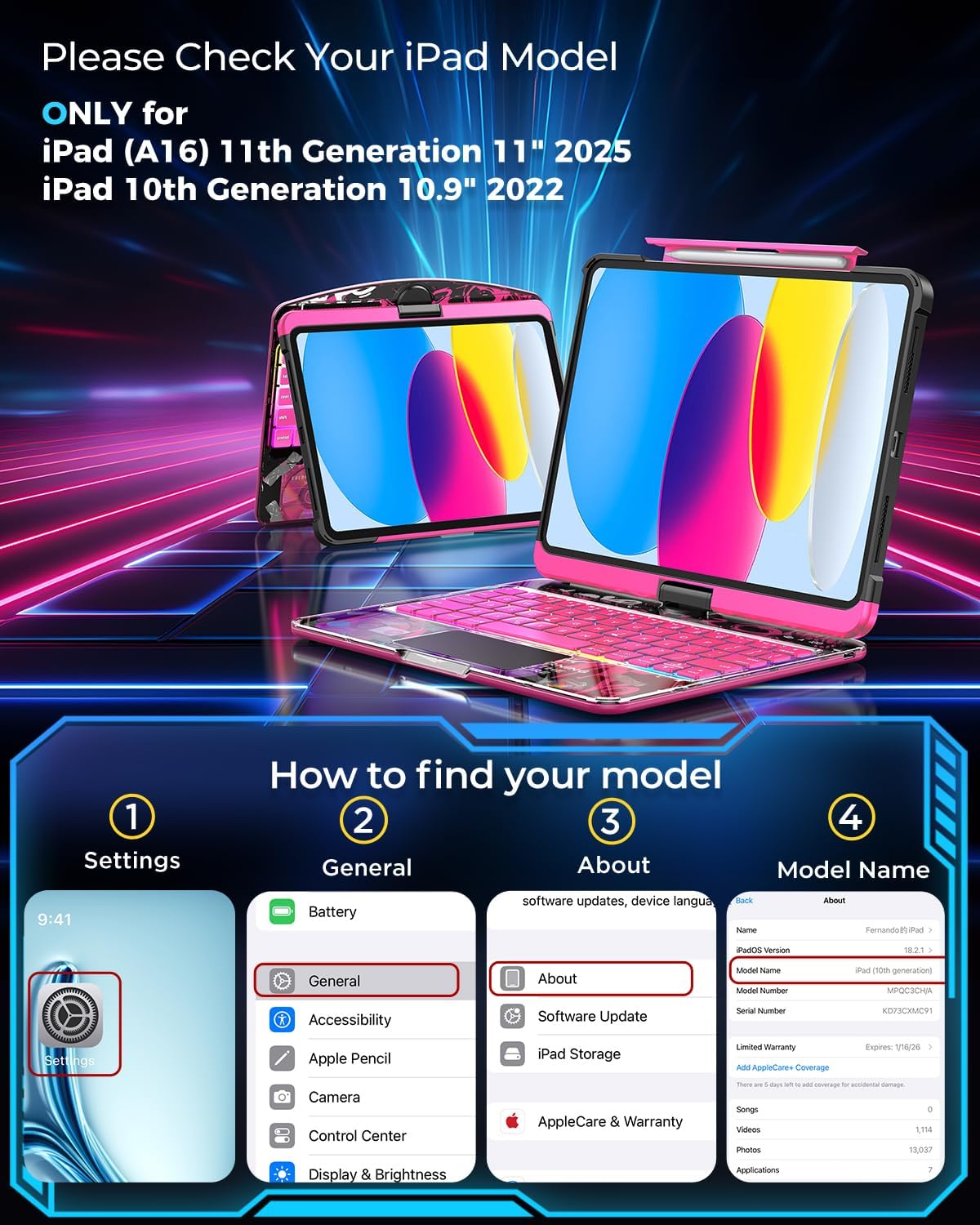 SIBEITU Keyboard Case for iPad A16 11th Gen 11" 2025 & 10th Gen 10.9" 2022, Clear Wireless Keyboard Protective Cover with Multi-Touch Trackpad, 7-Color Backlight & 3-Brightness, 360 Rotatable, Pink