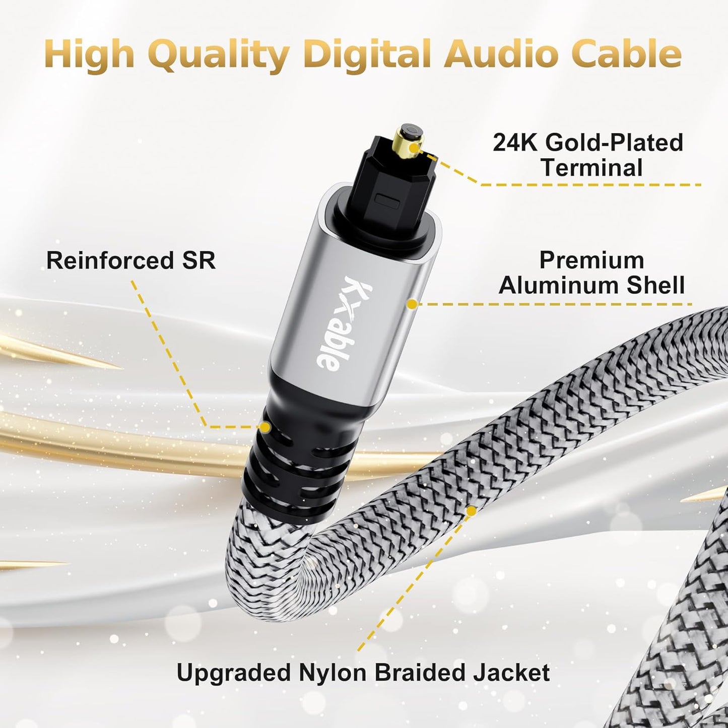 Optical Audio Cable 12 FT, Digital Audio Cable, Toslink Fiber Optic Cord, [Nylon Braided, Slim Aluminum Shell, Gold Plated Connector], for Home Theater, Sound Bar, PS4, Xbox, TV and More