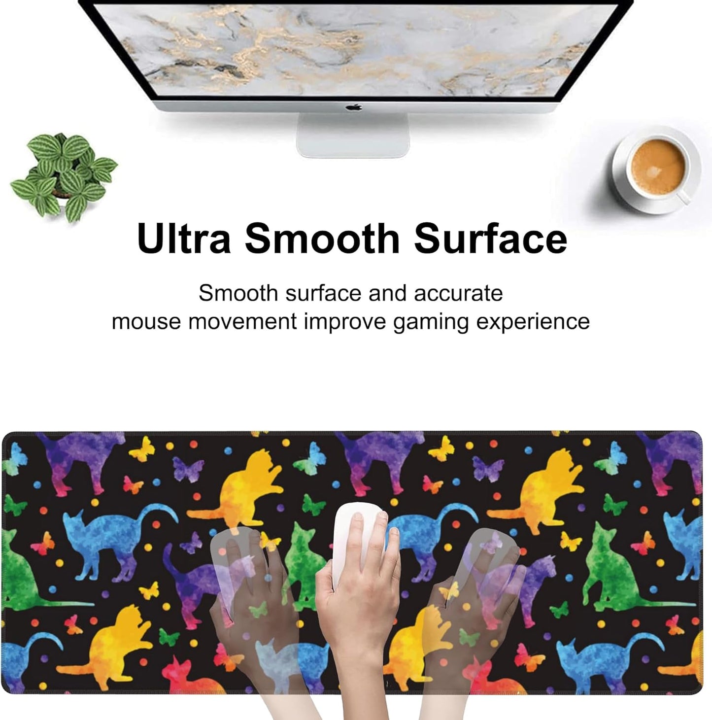 Colorful Cats and Butterflies Desk Mat,Large Watercolor Kittens Butterfly Gaming Keyboard Mouse Pad,Non-Slip Rubber Base Desk Pad Thick Stitched Edges Waterproof Mousepad Mouse Mat 31.5"x11.8"