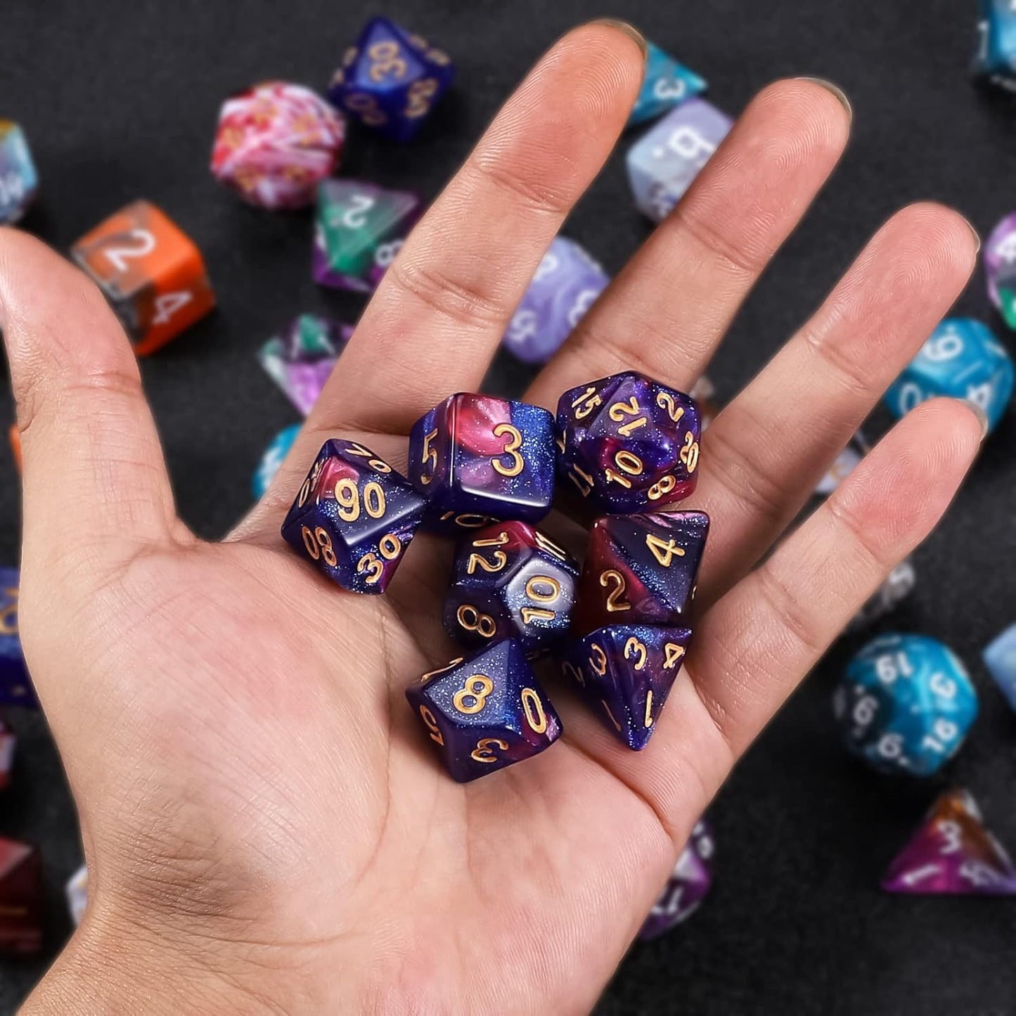 QMAY DND Dice Set - Polyhedral Dice (Blue Mix Purple Nebula) 7 Pcs for Dungeon and Dragons D&D RPG Role Playing Games Dice with Dice Bag